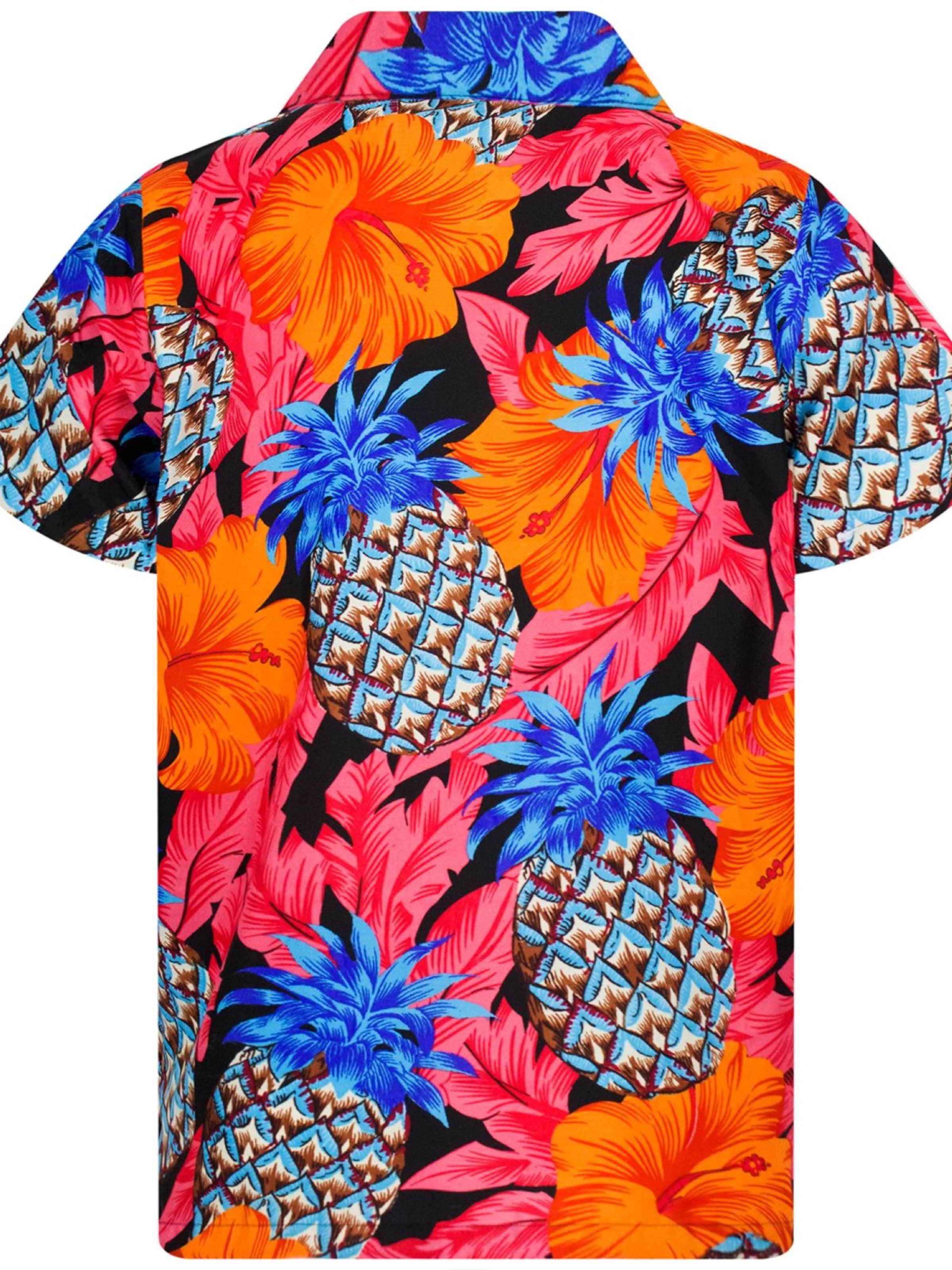 King Kameha Shirt 'Pineapple Hibiscus Black Line' in Rood