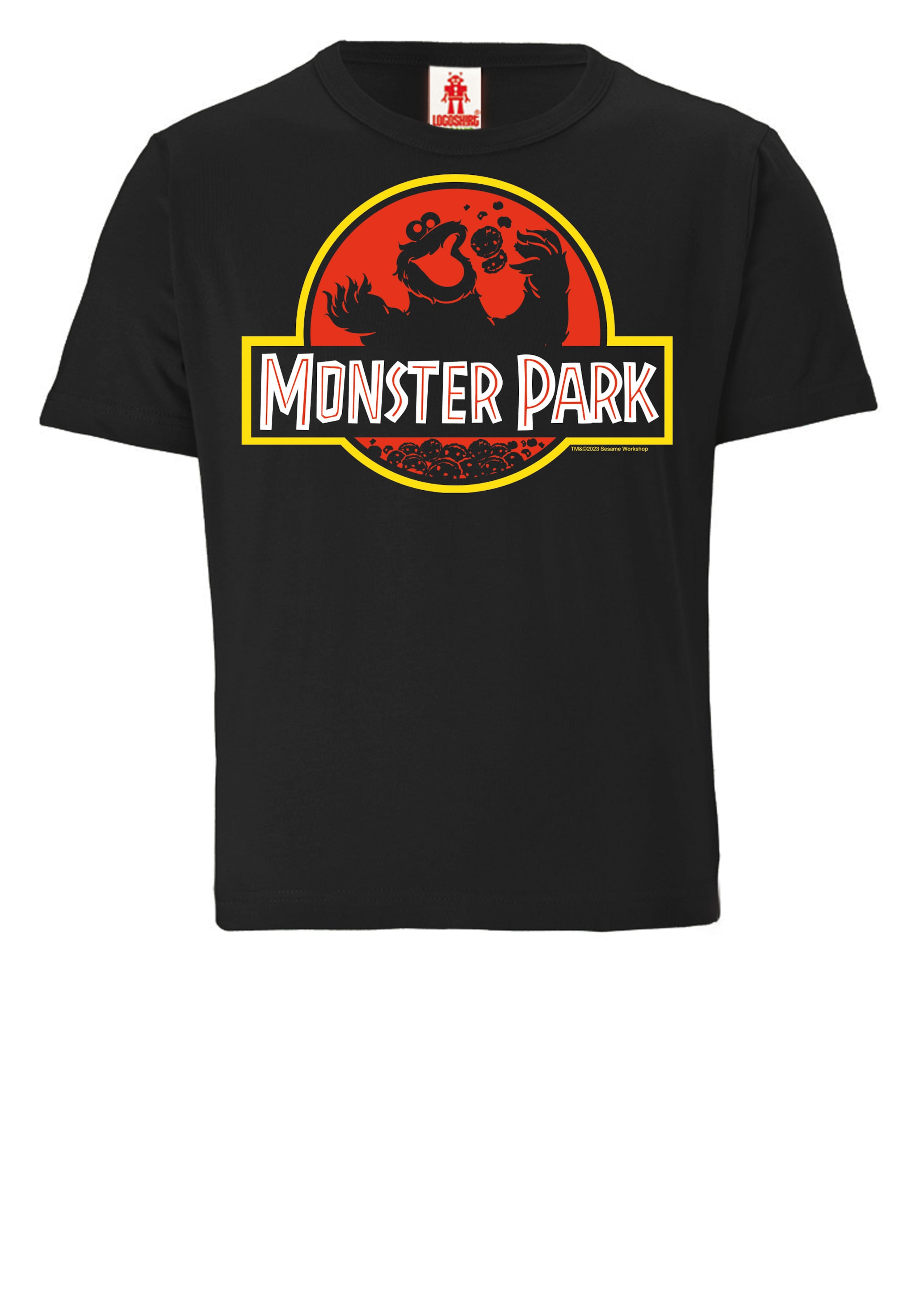 LOGOSHIRT Shirt 'Sesamstrasse Krümelmonster Monster Park' in Zwart: voorkant