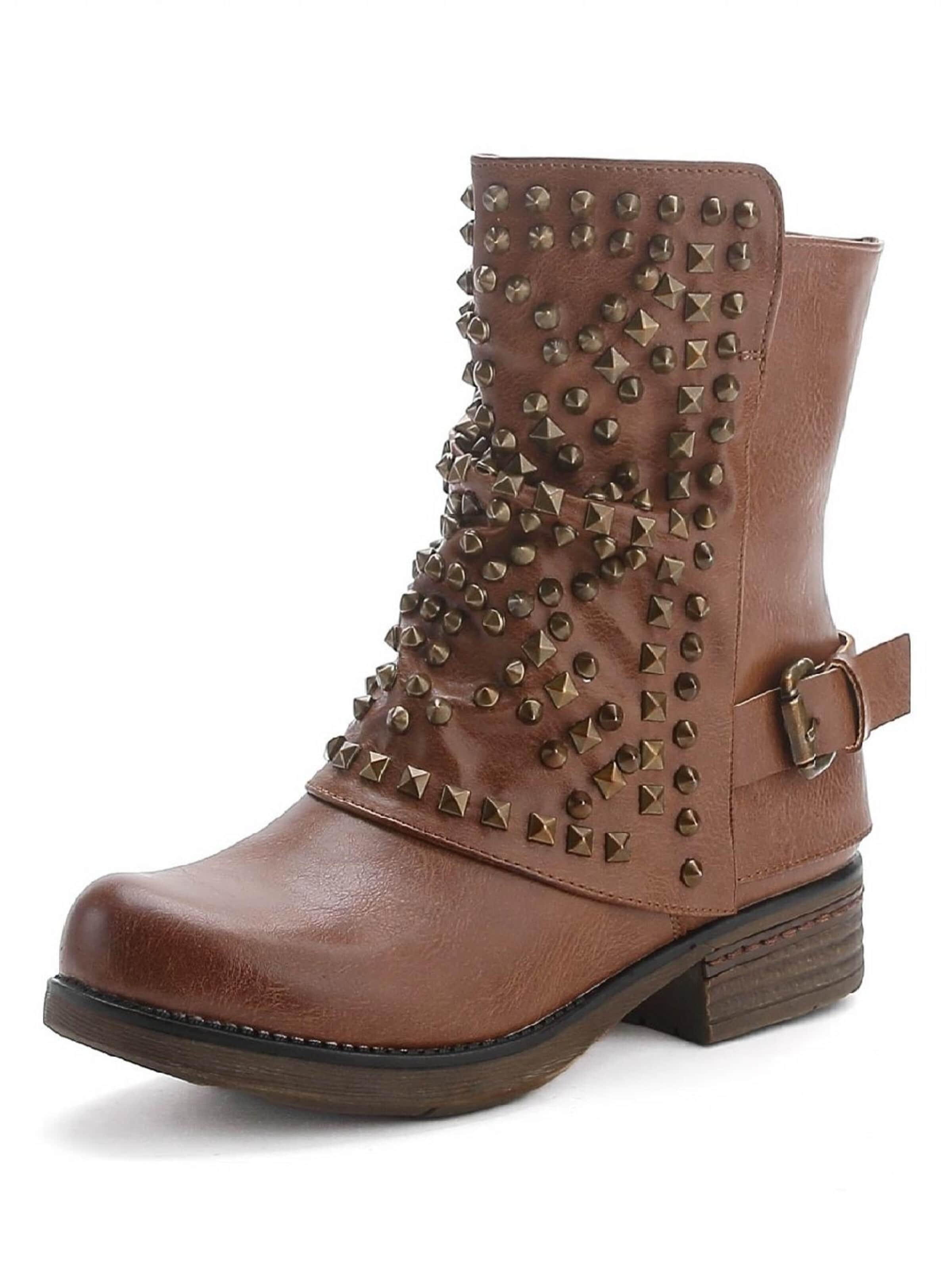 Pogolino Boots 'Damen Biker Boots Nieten Stiefeletten ST03' in Beige: front