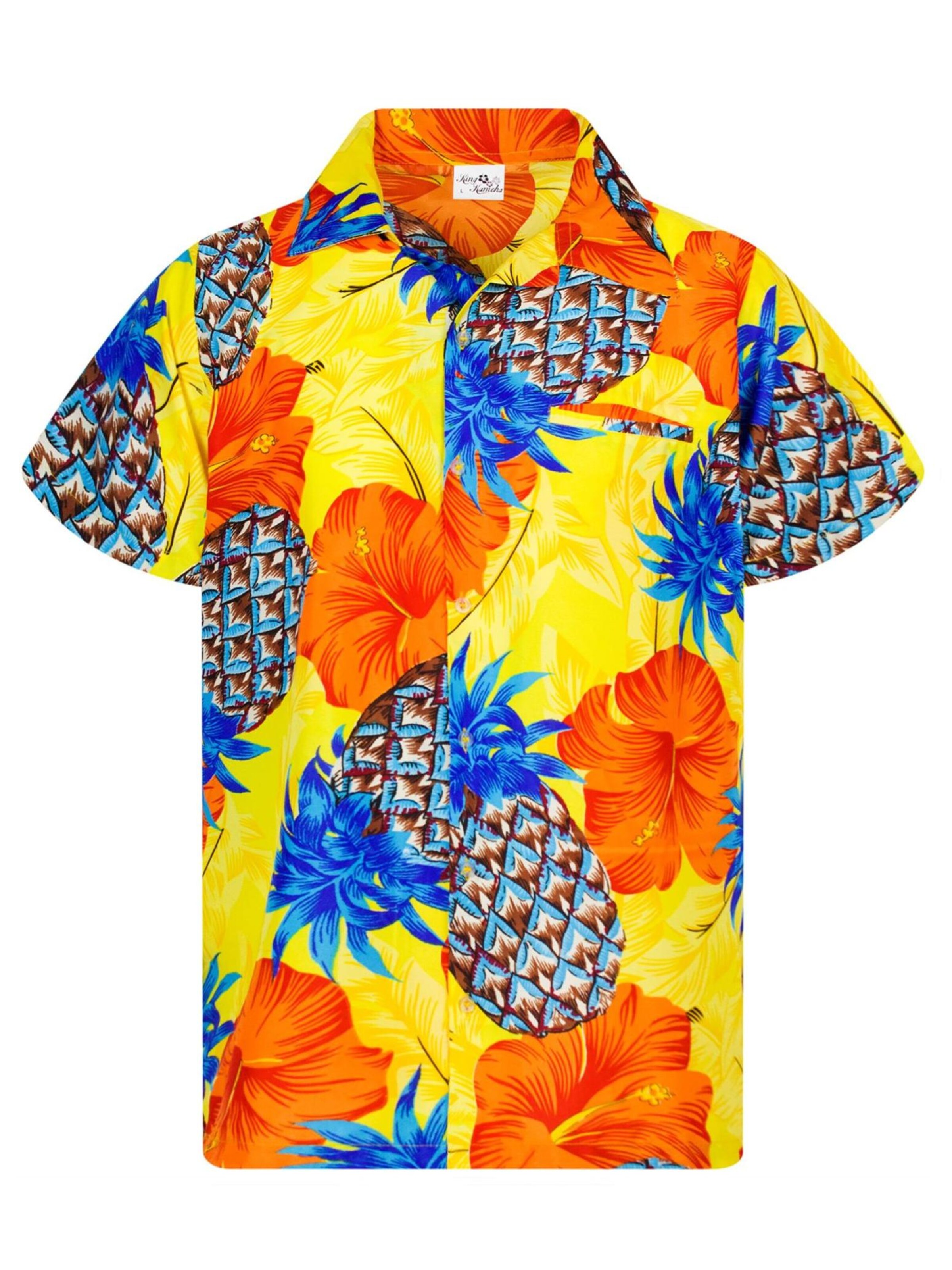 King Kameha Shirt 'Pineapple Hibiscus Shadow Line'‌‌ in Gelb: Vorderseite