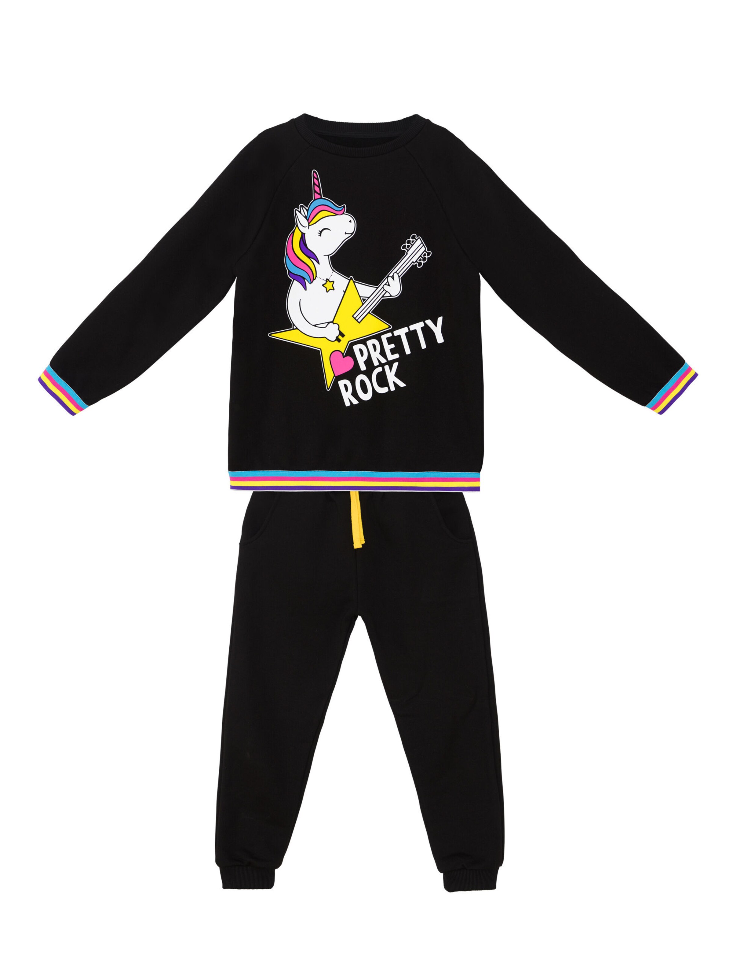 Denokids Trainingsanzug 'Rock Unicorn' in Schwarz: Vorderseite