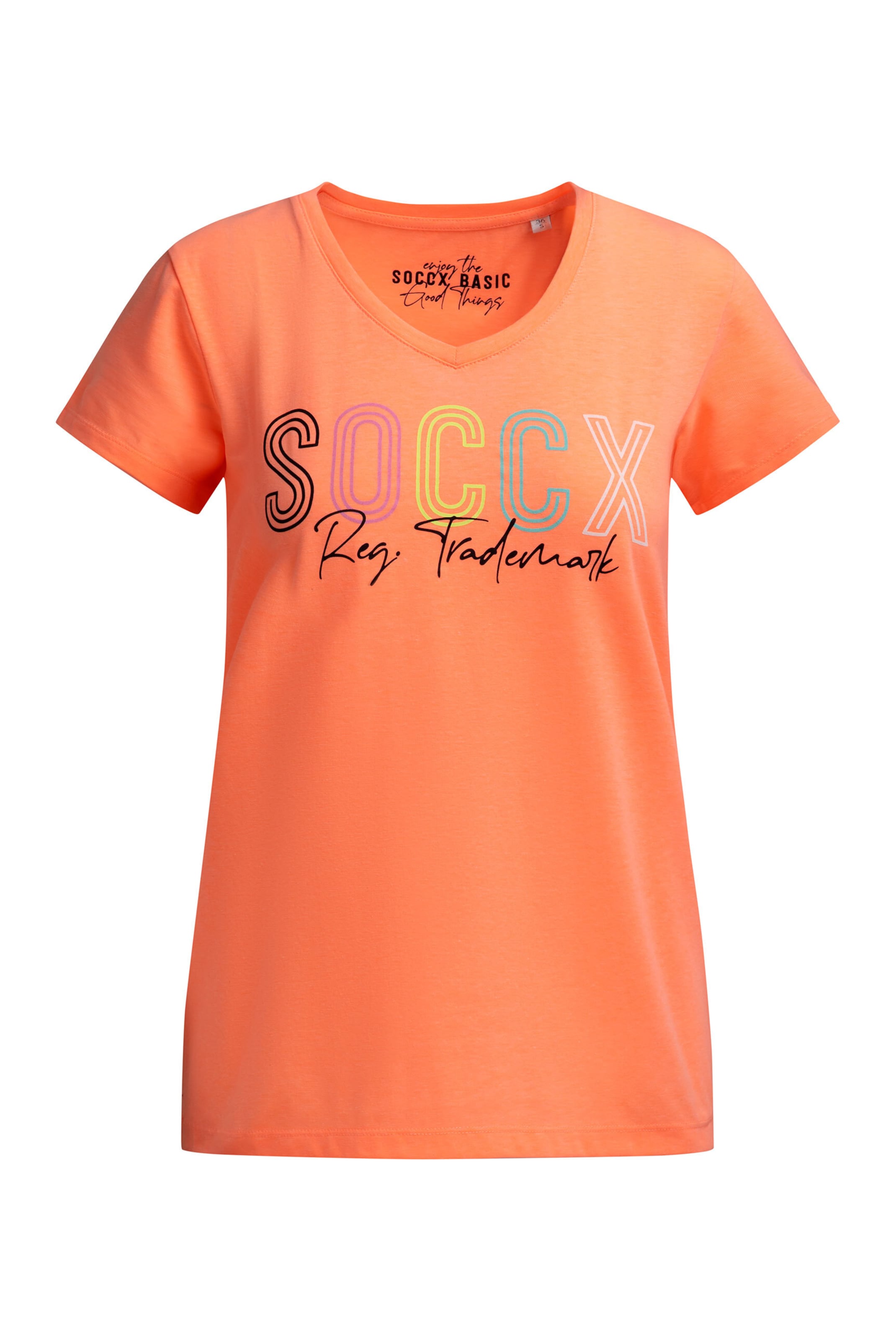 Soccx Basic Logo T-Shirt mit V-Ausschnitt in Orange: Vorderseite