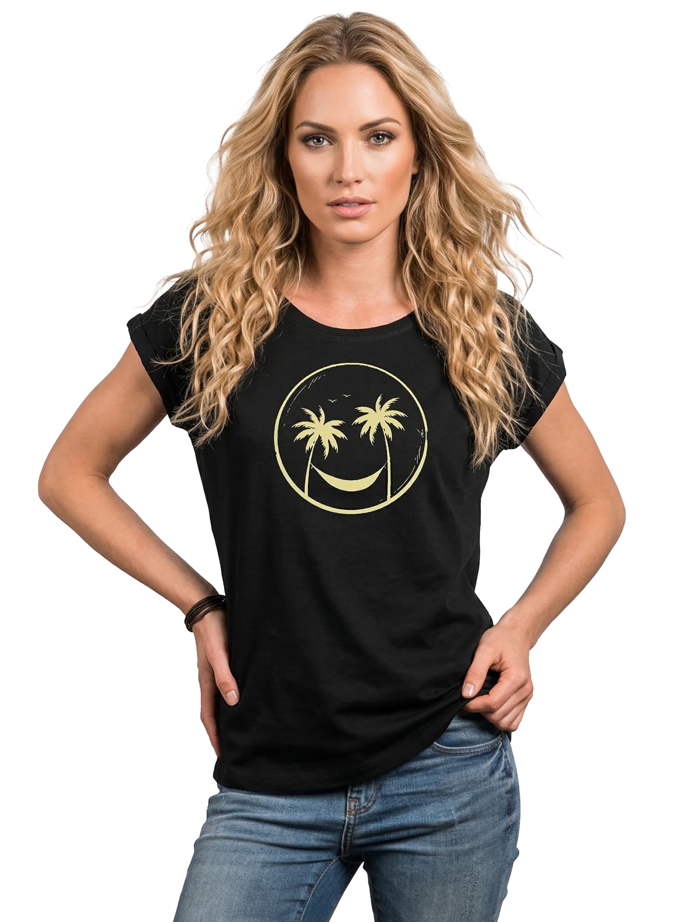 MAKAYA Shirt 'Palmen Happy Face' in Black: front