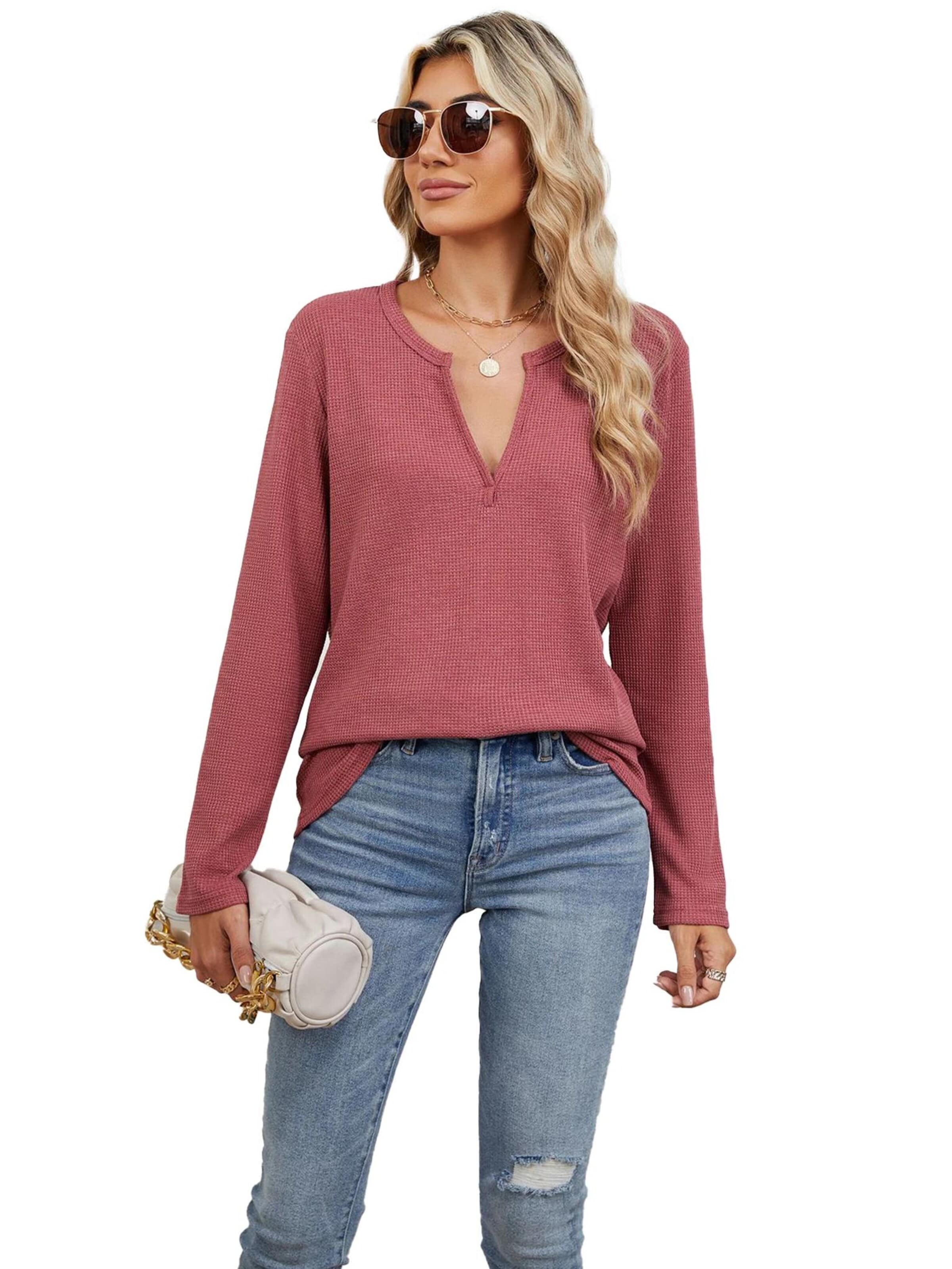 KoJooin Bluse 'Damen Lockeres V-Ausschnitt T-Shirt, langärmlig, unifarben Bequemes Basic für Freizeit,Alltag'‌‌‌‌‌‌‌‌‌‌ in Rot: Vorderseite