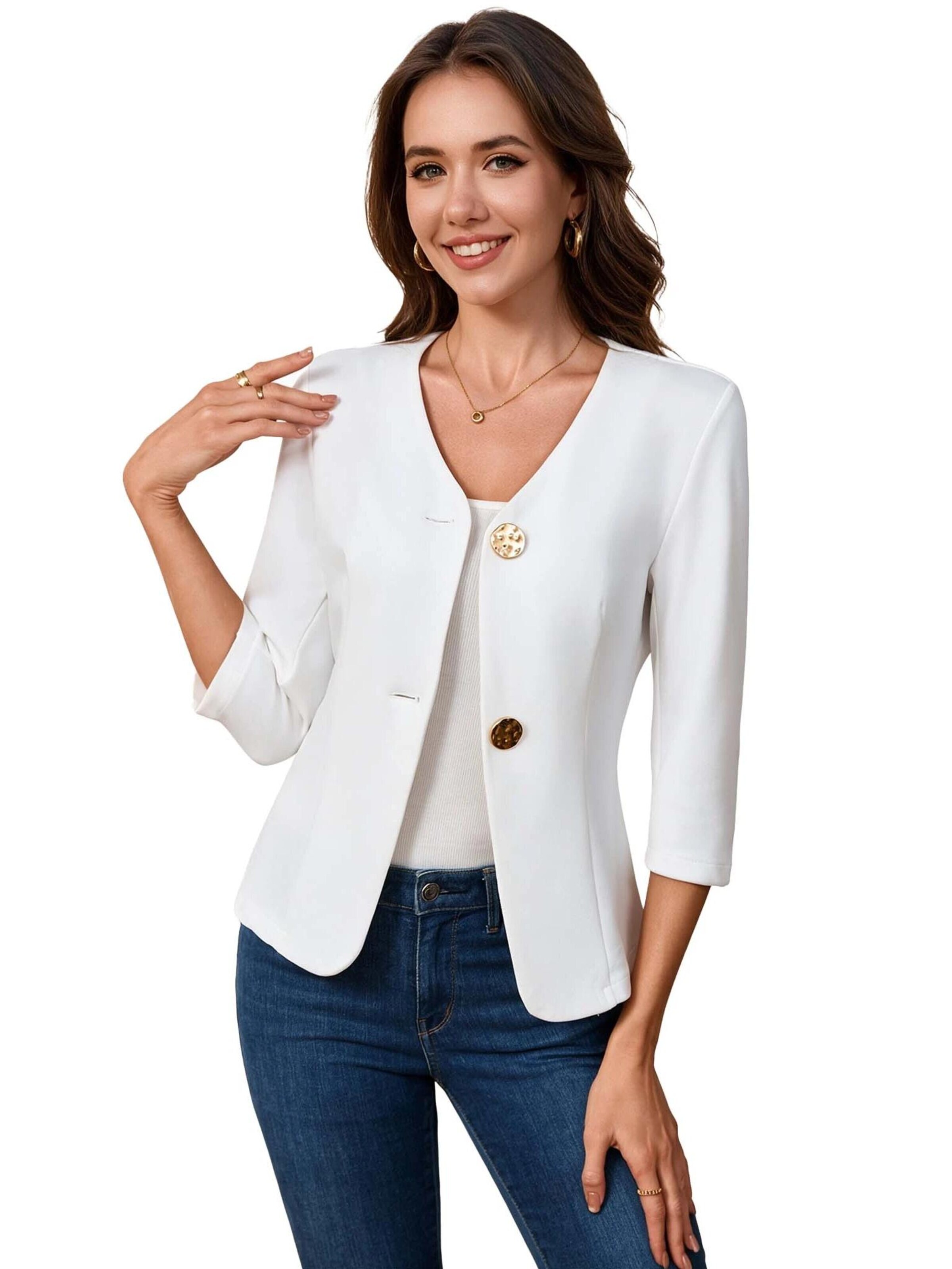 KoJooin Blazer 'Damen-Kurzblazer mit V-Ausschnitt, Metallknopf, Seitenschlitzen und 3/4-Ärmeln'‌‌‌‌‌ in Weiß: Vorderseite