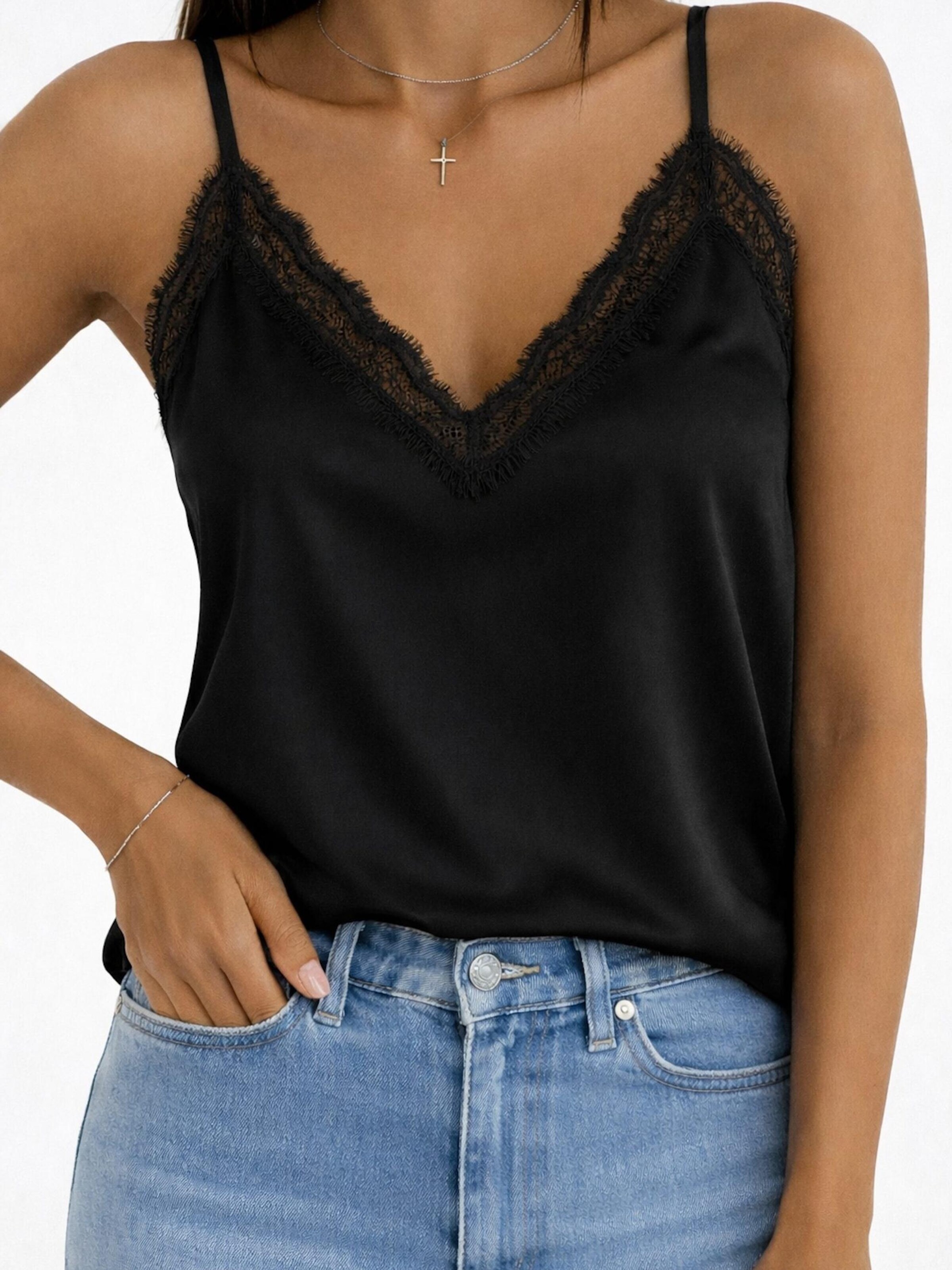 Worldclassca Top 'Spaghetti Lace Trim Top' in Black: front