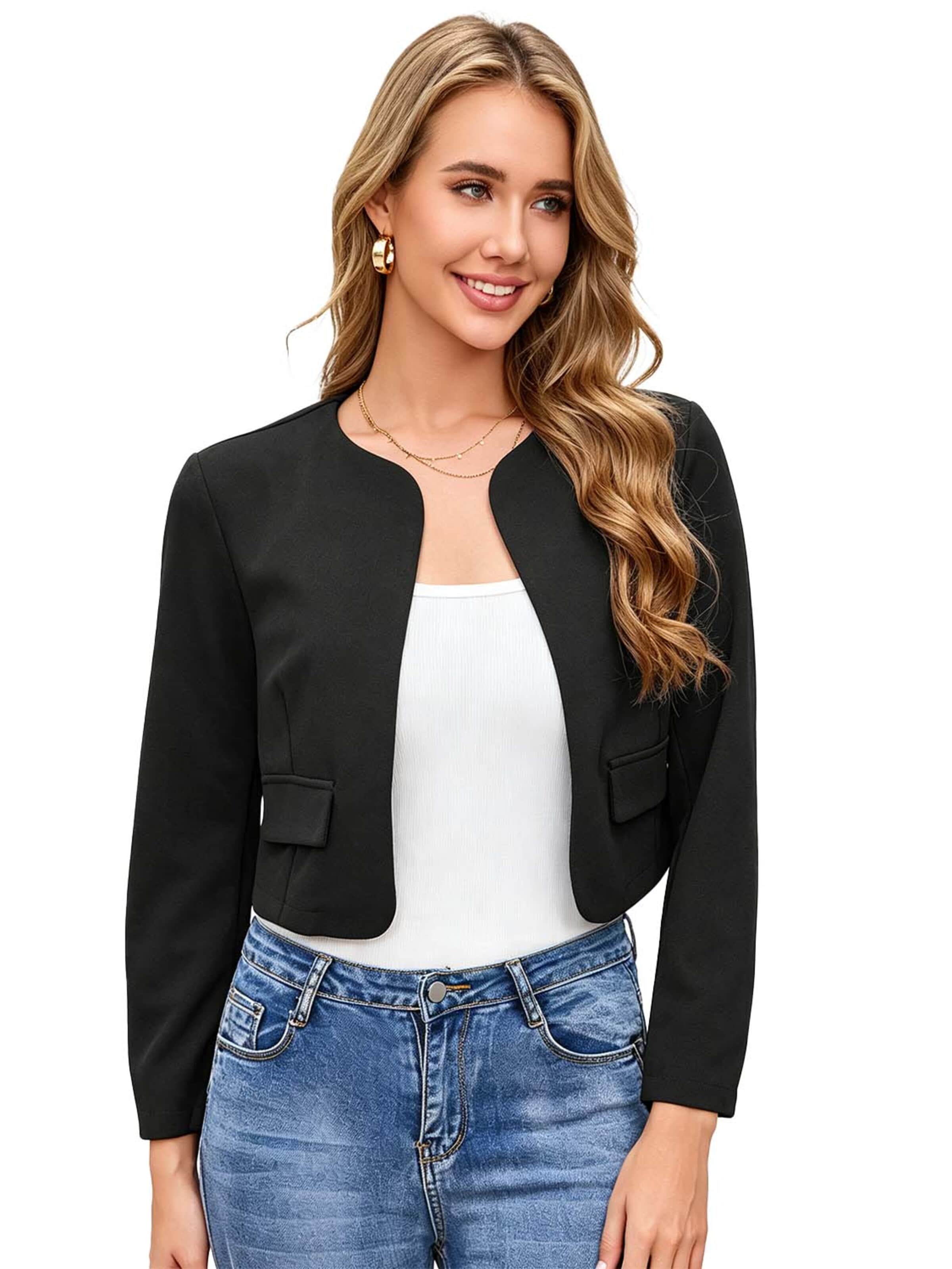 KoJooin Blazer 'Damen Kurzjacke ohne Kragen mit langen Ärmeln und abgerundetem Saum Lässiger, vielseitiger Cardigan'‌‌‌‌ in Schwarz