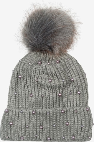 styleBREAKER Mütze 'Strick Bommelmütze mit Perlen und Fleece Futter' in Grau: Vorderseite