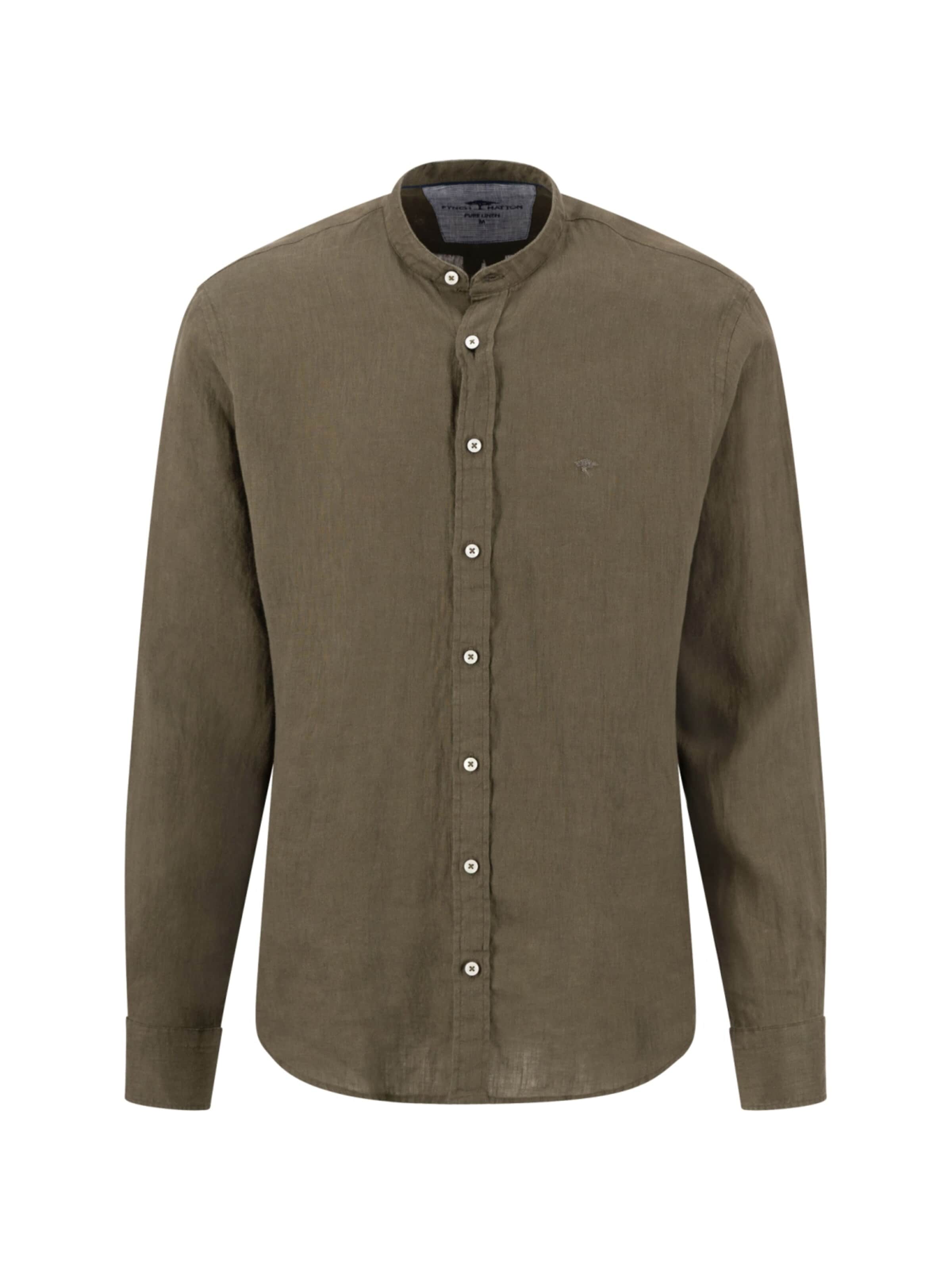 Fynch Hatton Regular Fit Hemd 'Premium Linen, Stand-Up, 1/1 dark khaki'‌‌‌‌‌‌ in Grün: Vorderseite