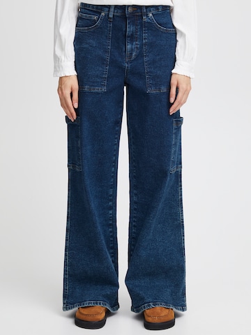 ICHI Wide leg Cargojeans 'CAMRYN' in Blauw: voorkant