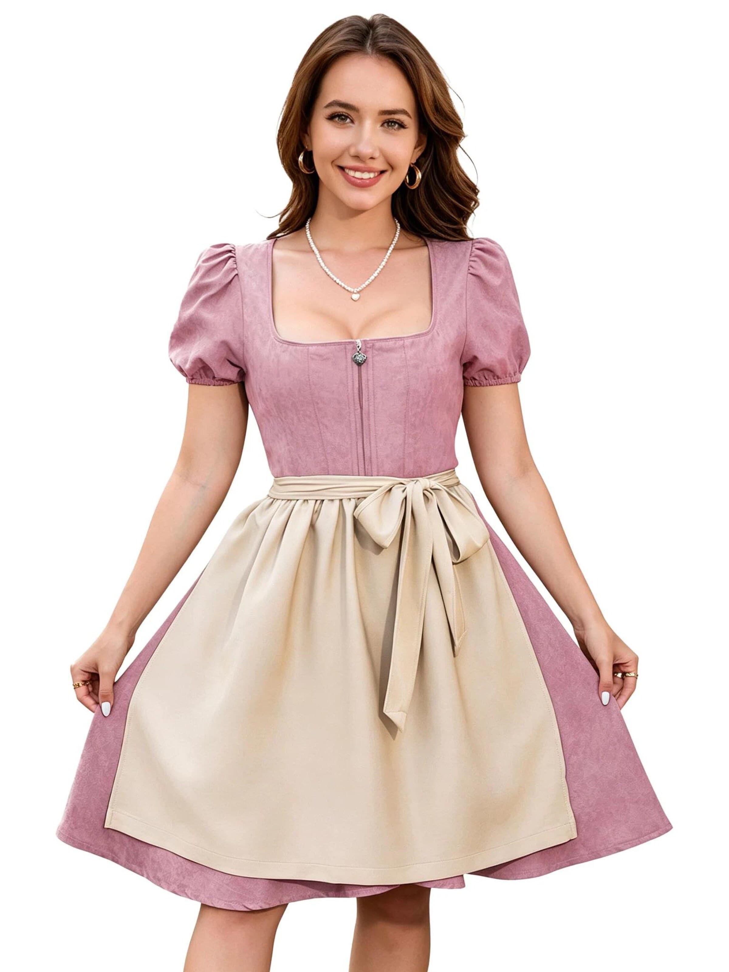 KoJooin Dirndl 'Damen Zweiteiliges Oktoberfest-Set Kunstleder-Optik Kleid mit verstellbarer Schürze Dirndl-Kleid' in Pink: front