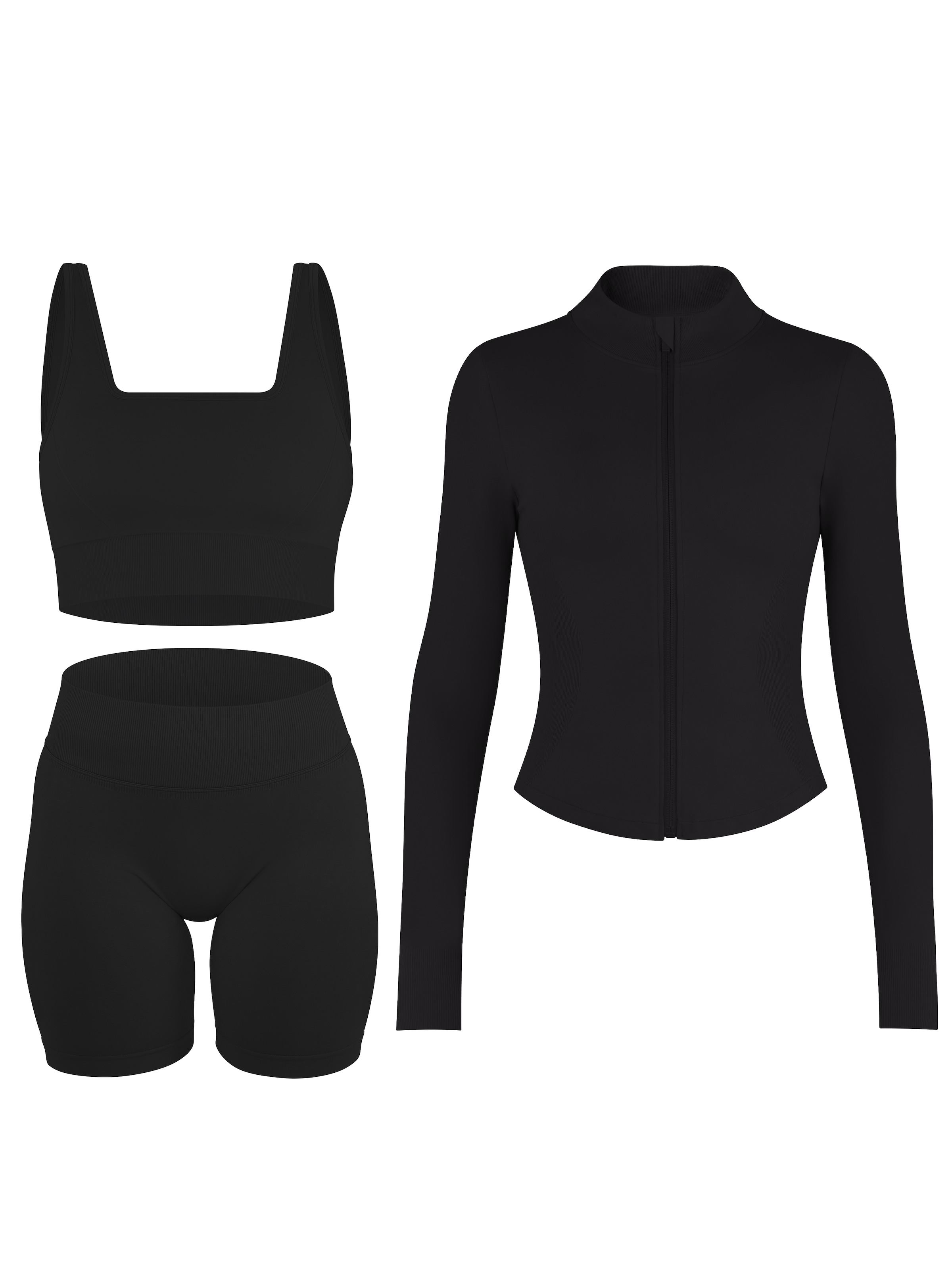 Circle Five Sportanzug 'Scrunch Shape Trainings-Set (Push-Up Shorts, Zipper Shaping Jacke und Medium Support Sport-BH)'‌‌‌‌ in Schwarz: Vorderseite