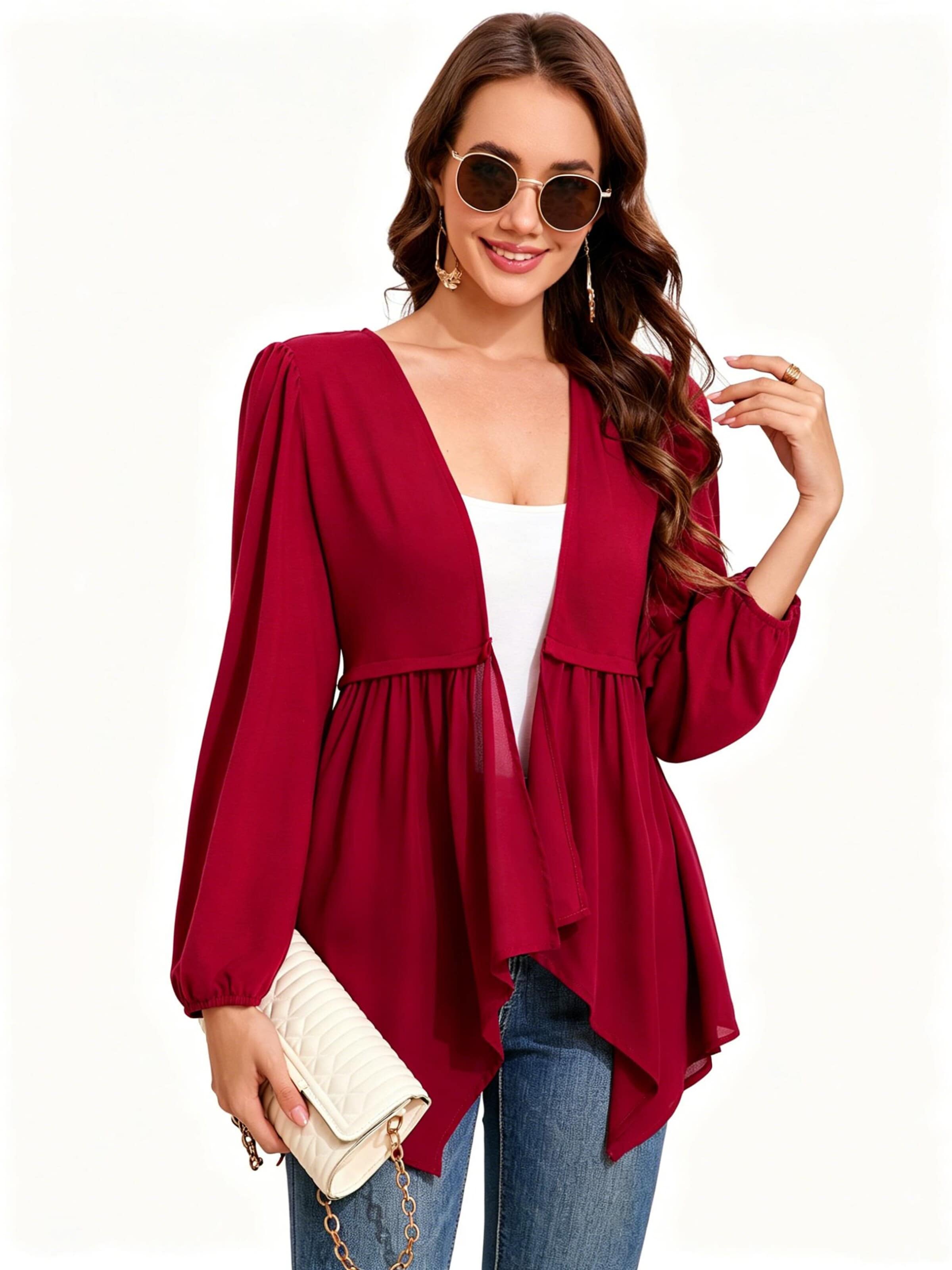 KoJooin Marynarka 'Damen-Cardigan mit drapierter Vorderseite, langen Ärmeln und asymmetrischem Wasserfallsaum, leicht' w kolorze czerwony