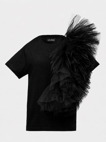 Lia Aram - Top 'Tulle Panel Cotton Tee in Black' en negro: frente