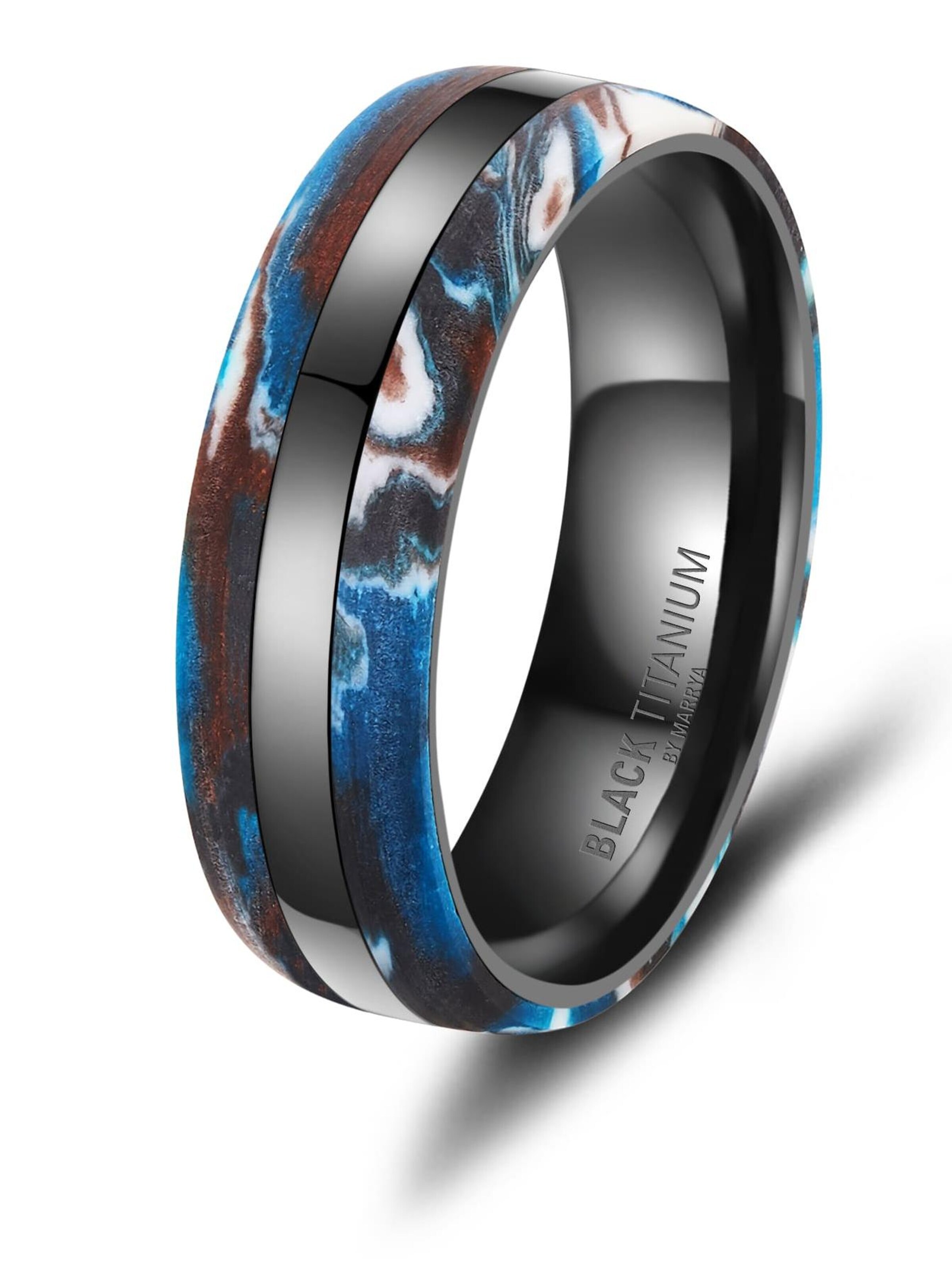 MARRYA Ring 'MARRYA BT-16 Black Titanium Ocean Blue Edition' in Zwart: voorkant