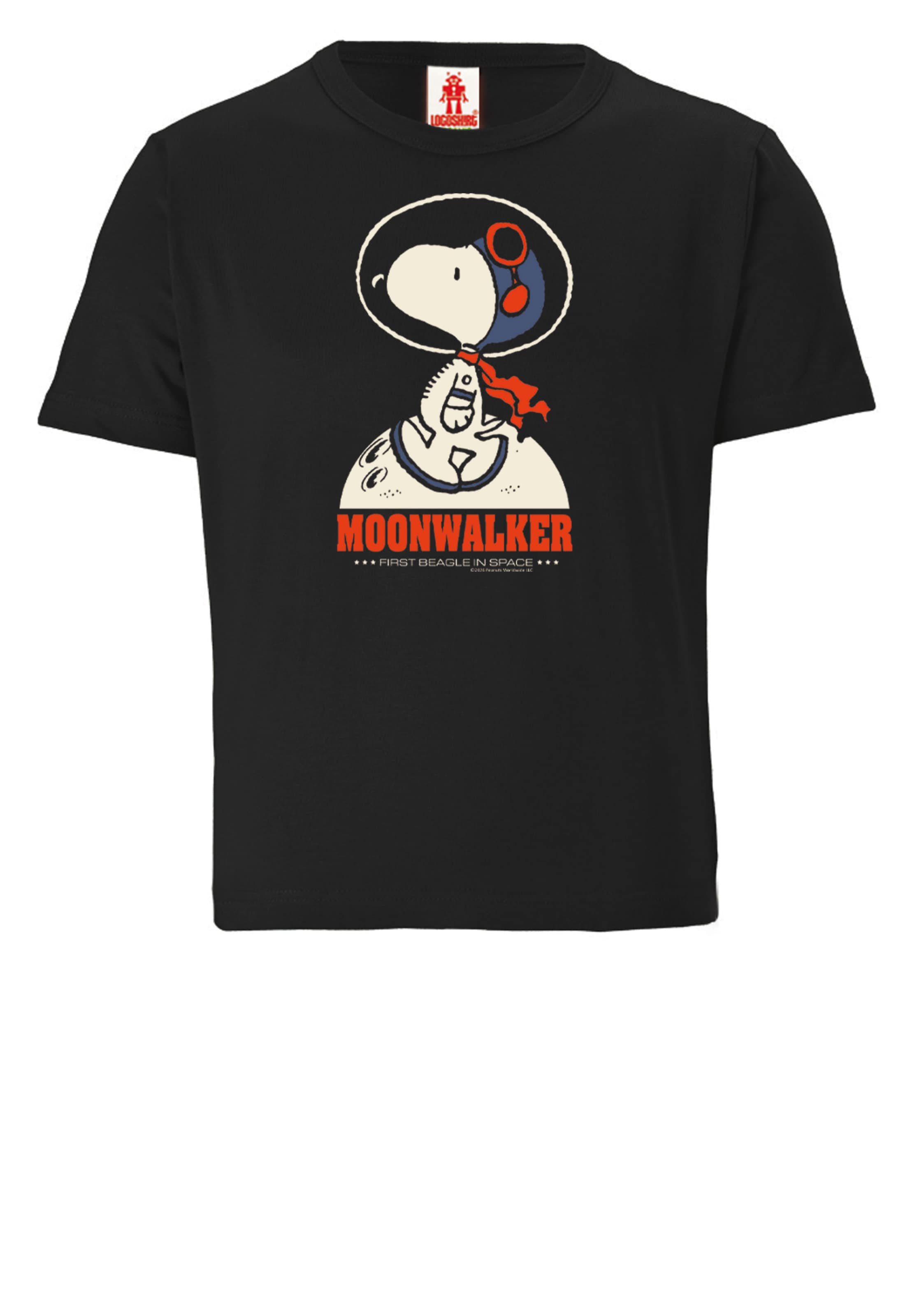 LOGOSHIRT Shirt 'Snoopy - Moonwalker' in Black: front