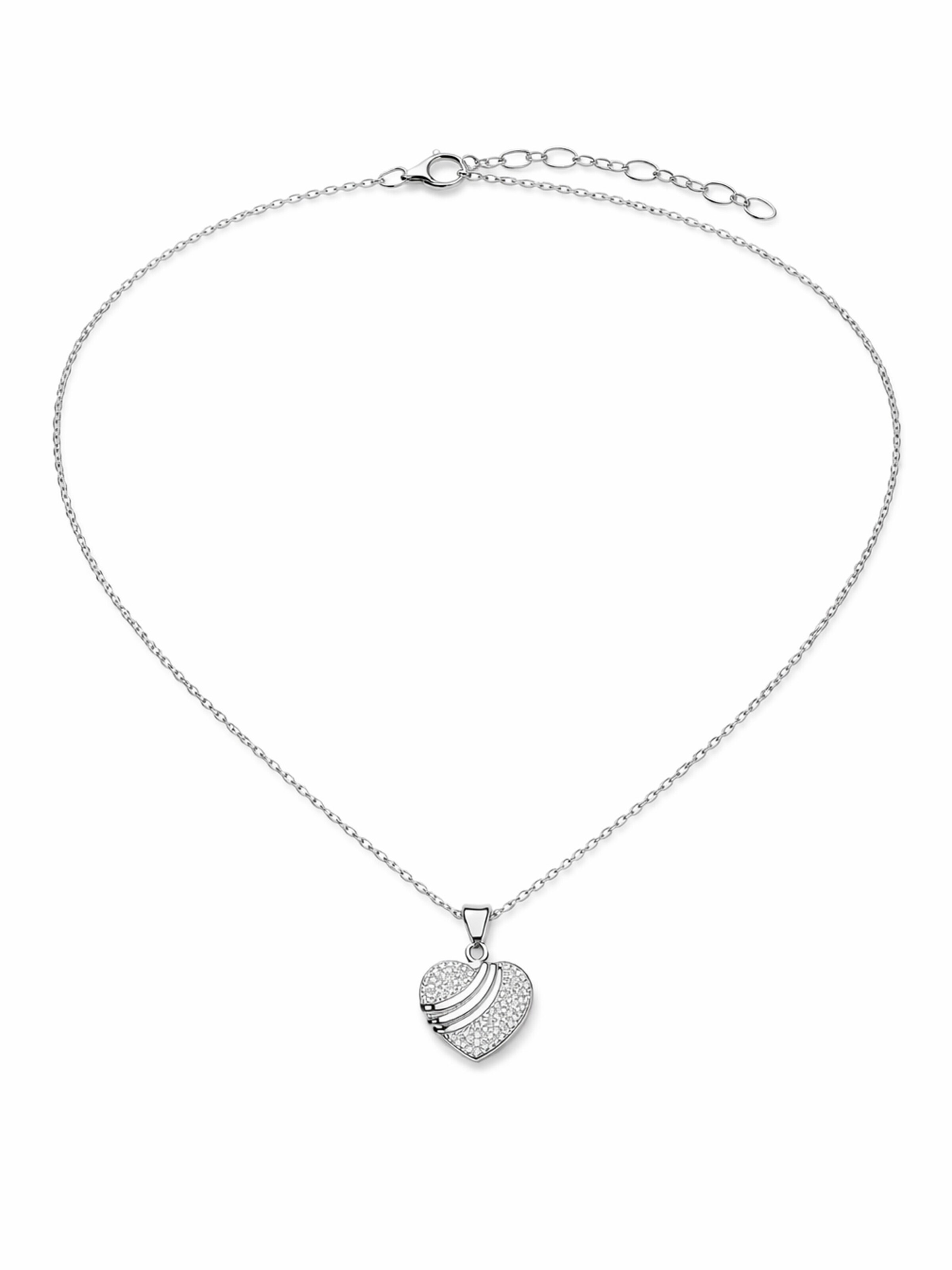 Staufergold Necklace 'Kette „Herzfunken“ – Herzanhänger mit Pavé-Funkeln & glänzenden Wellen – Silber' in Silver: front