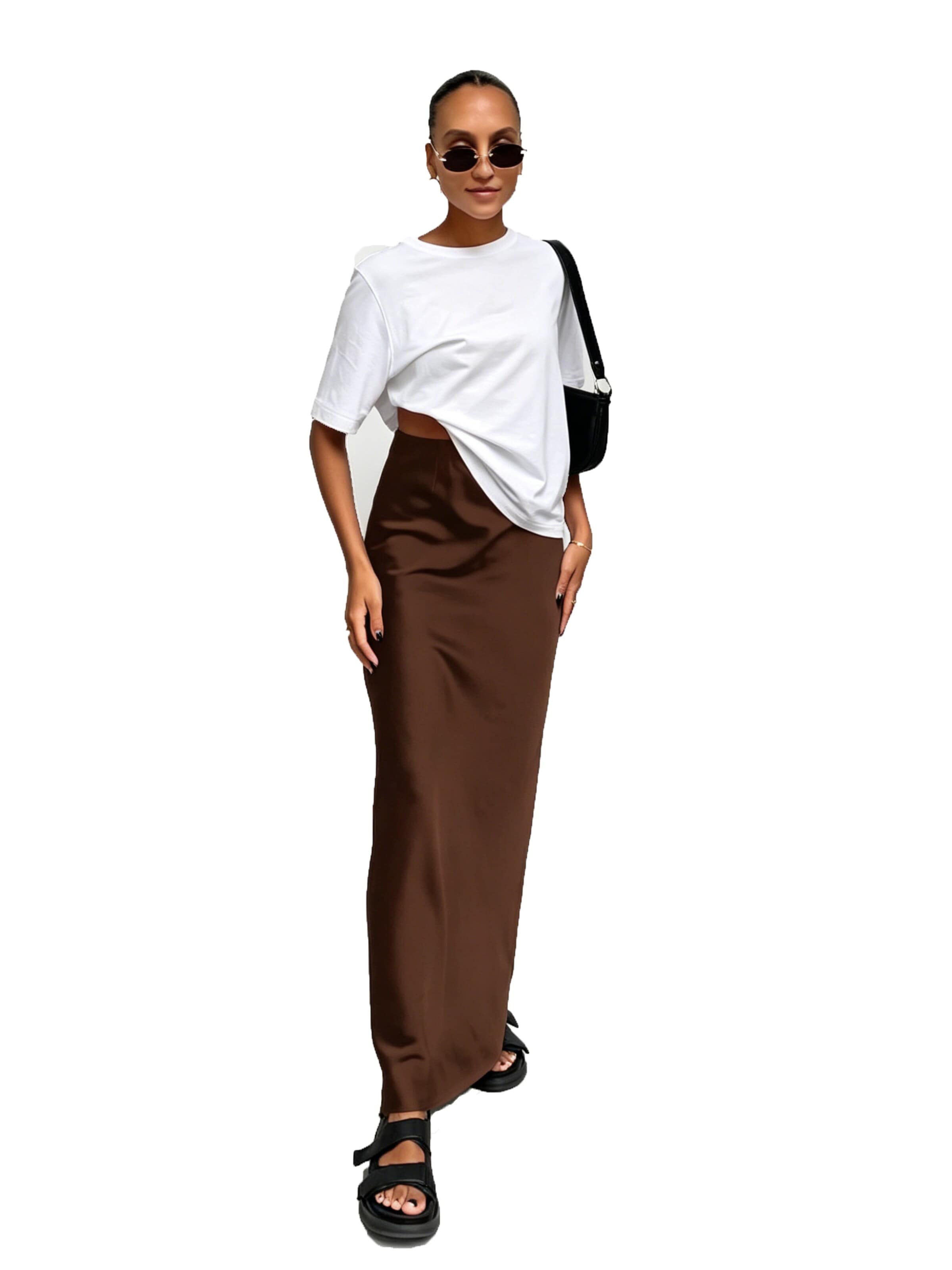 KoJooin Dress 'Damen Hoher Bund Satin Maxirock Fließender Fall Gerader Schnitt Lang Bleistiftrock Elegant Rock' in Brown: front