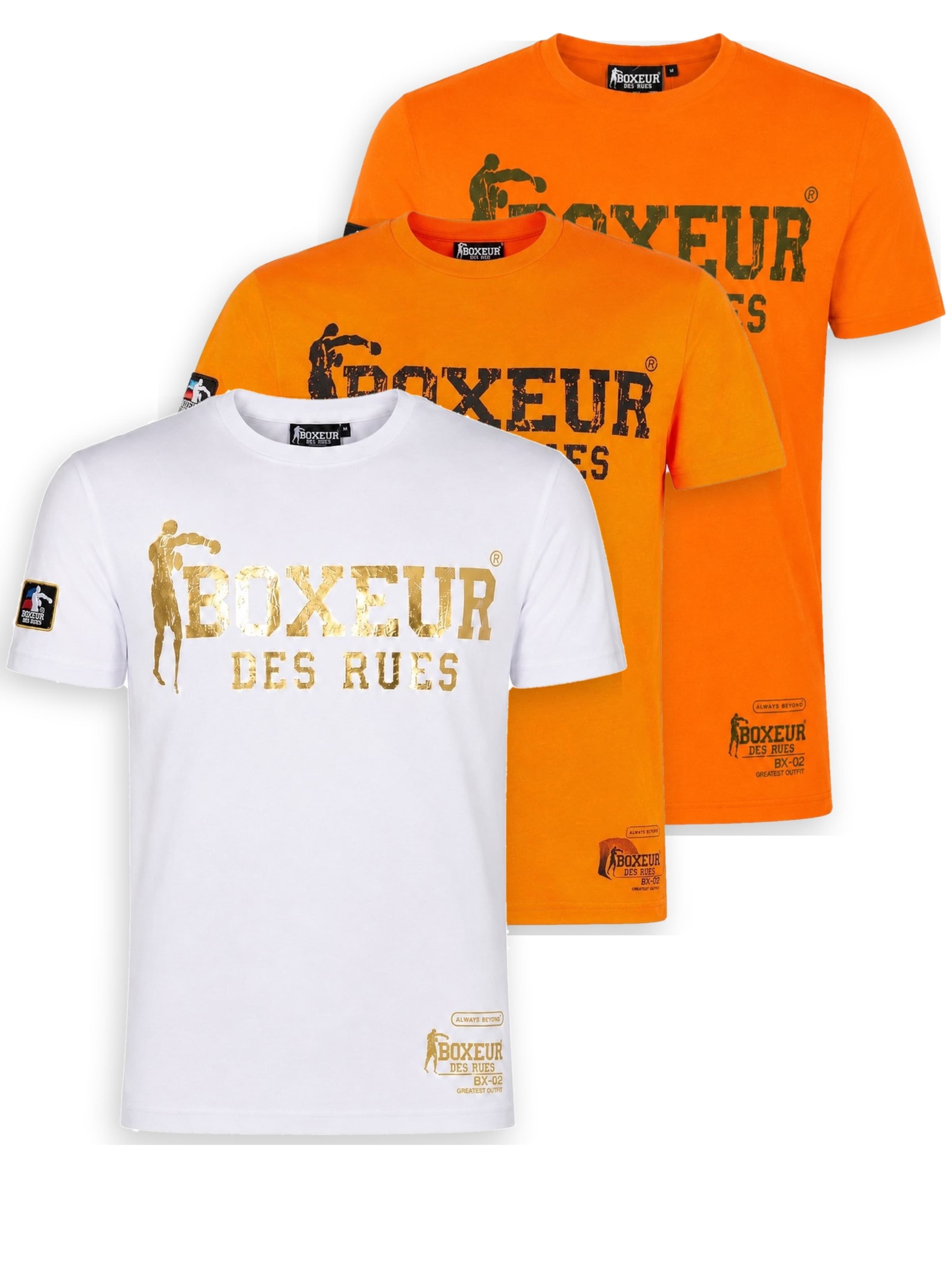Boxeur des Rues Shirt 'Herren T-Shirt 3er-Pack Boxeur des Rues Slim Fit: Weiß, Goldenes Logo + Orange, Schwarzes Logo + Intensives Orange' in Gemengde kleuren: voorkant