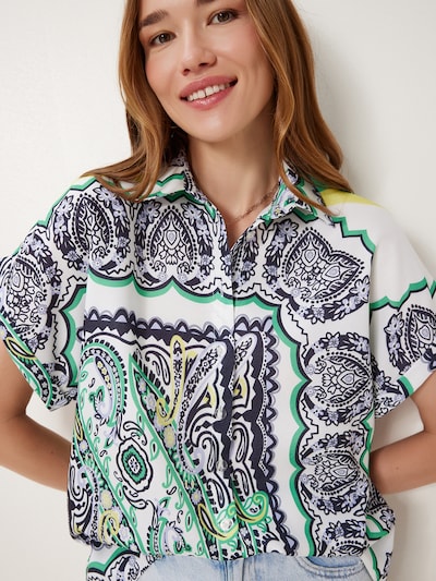 Happiness İstanbul Blus i ljusgul / ljusgrön / svart / vit, Produktvy