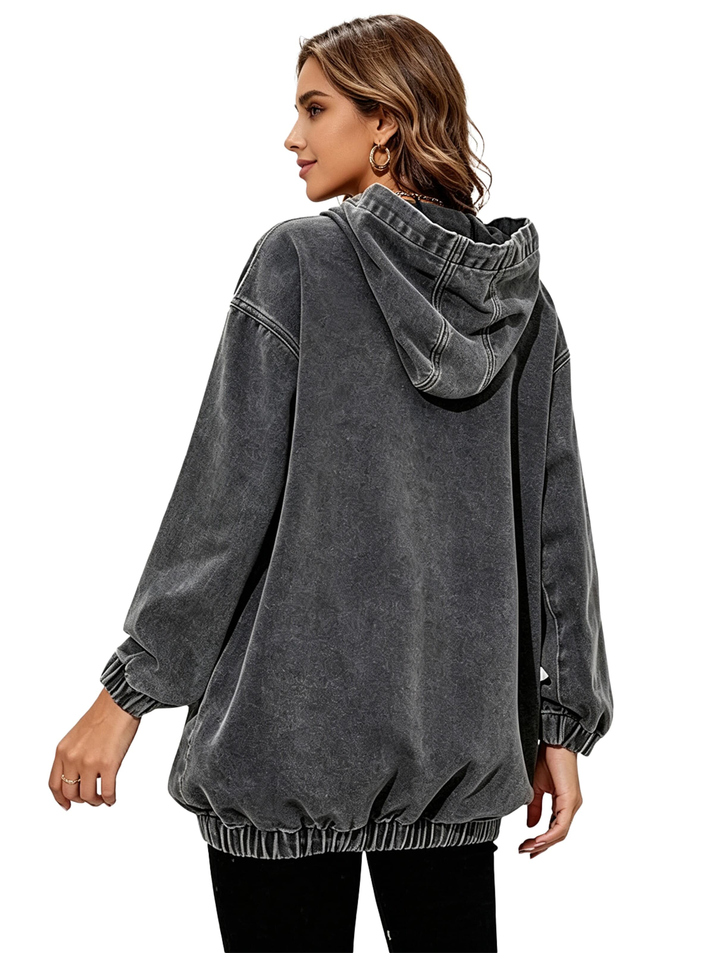 KoJooin Bluzka sportowa 'Damen Denim Hoodie Langärmeliger Pullover mit Kapuze und Taschen Jeansjacke in Sweatshirt-Optik' w kolorze czarny