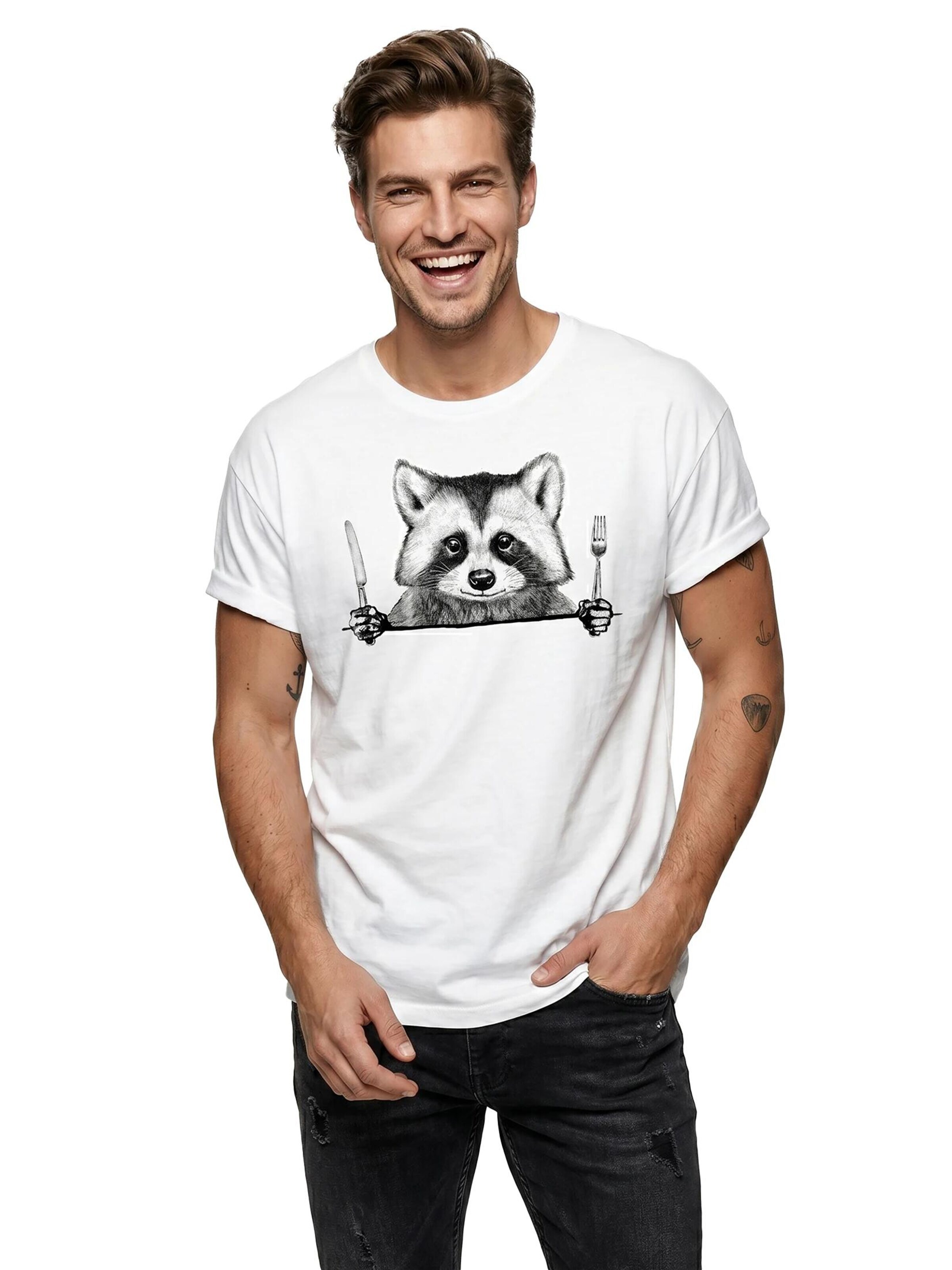 MAKAYA Shirt 'Waschbär Gabel' in White