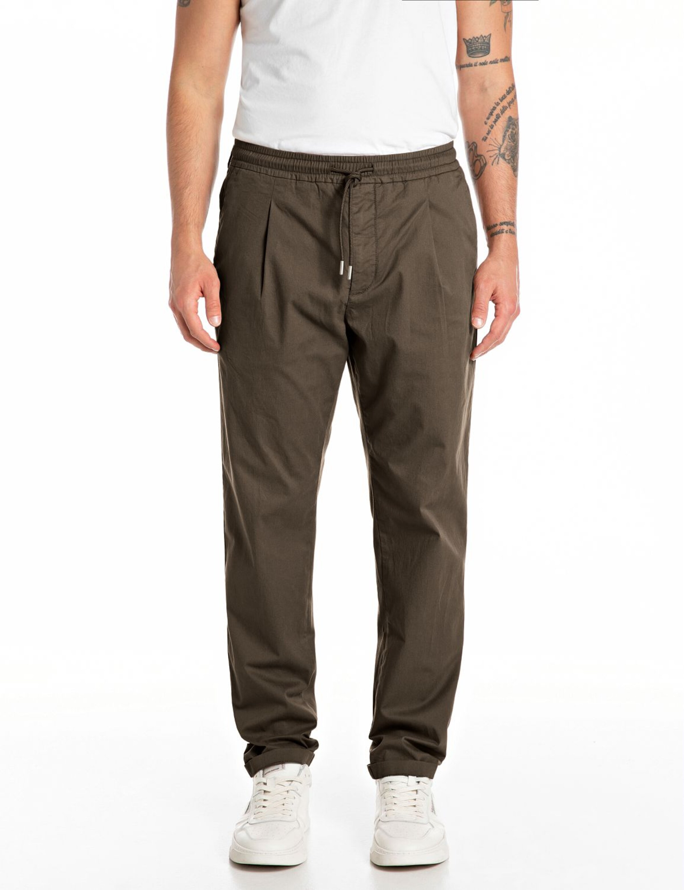 REPLAY Pleat-Front Pants in Brown: front