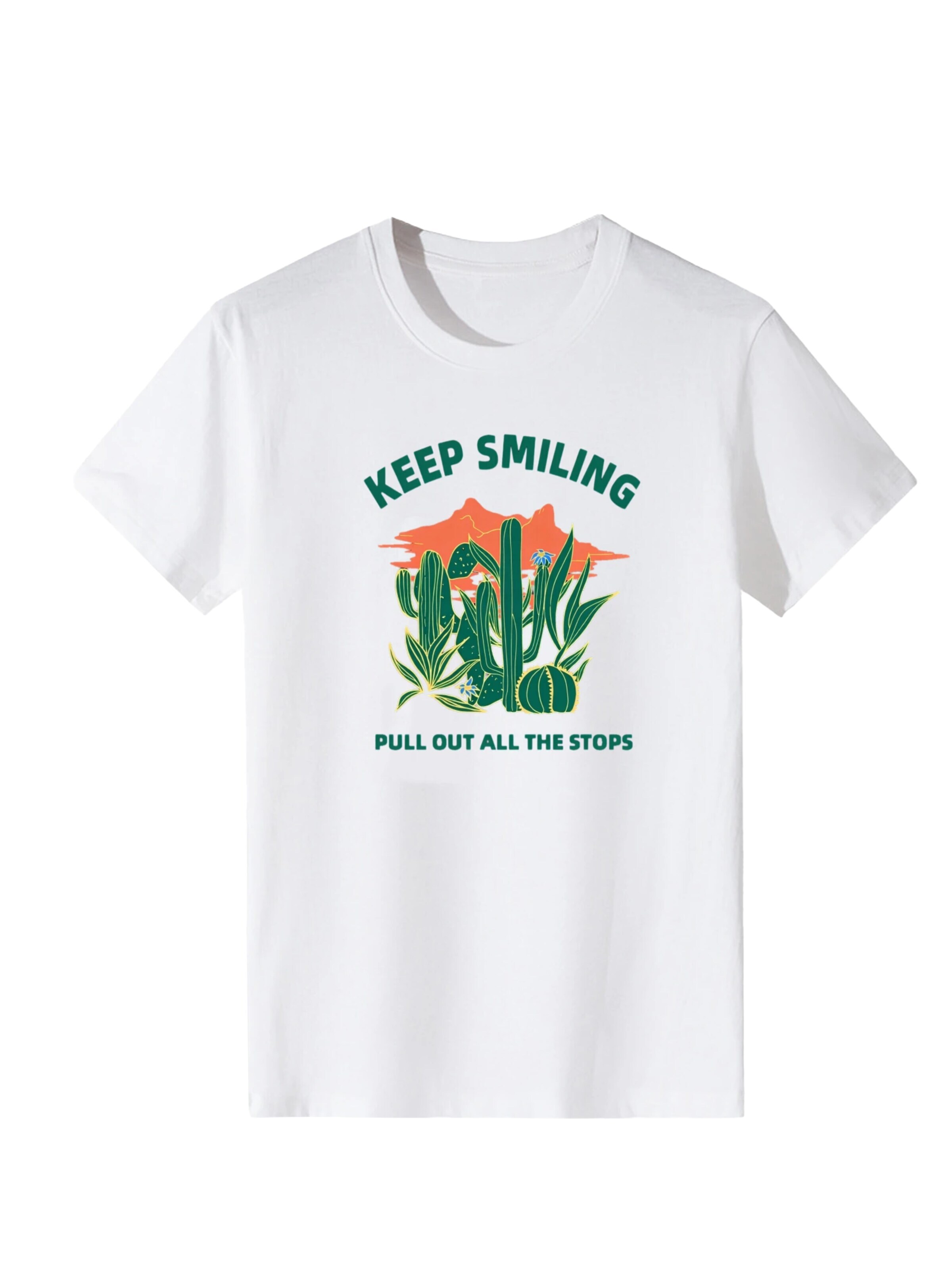 LapaPlus Shirt 'Women Retro Desert Cactus KEEP SMILING Slogan Print T-Shirt' in Wit: voorkant