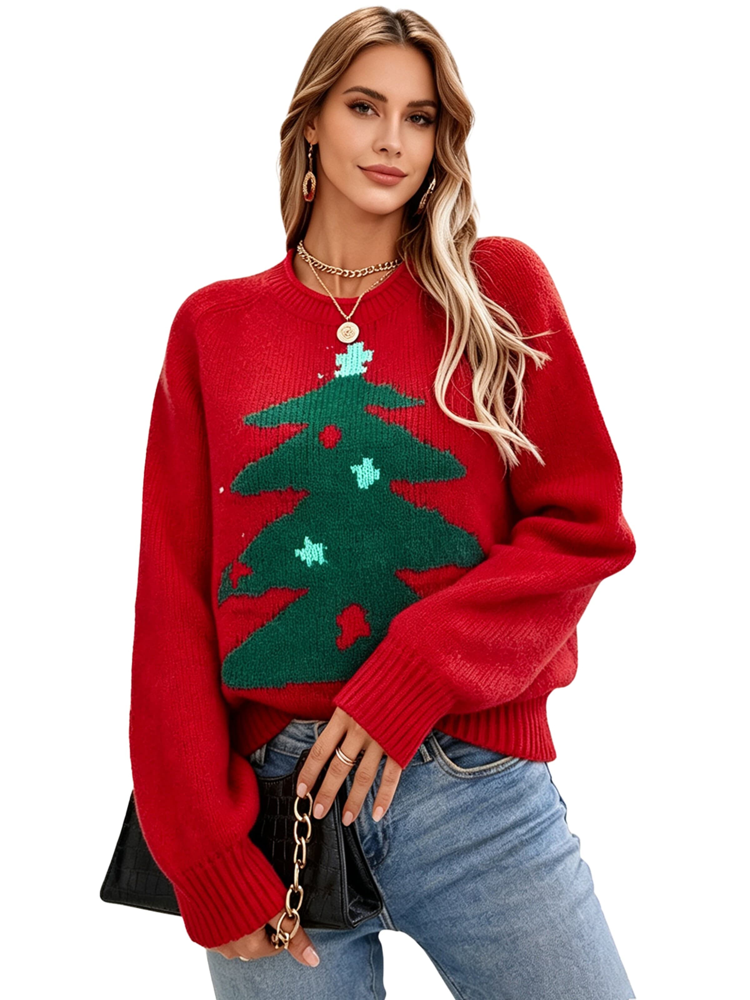 KoJooin Piżama 'Damen Ugly Christmas Pullover mit Weihnachtsbaum-Motiv Longsleeve Strickpullover für Festliche' w kolorze czerwony: przód