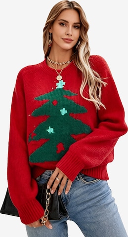 KoJooin Piżama 'Damen Ugly Christmas Pullover mit Weihnachtsbaum-Motiv Longsleeve Strickpullover für Festliche' w kolorze czerwony: przód