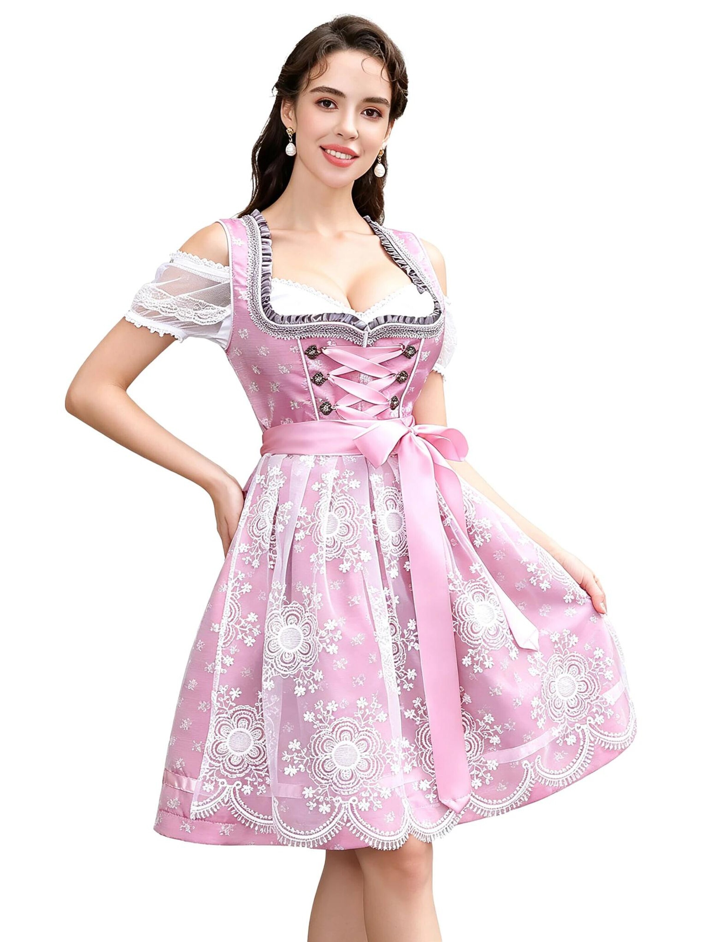 KoJooin Dirndl 'Damen Rosa Jacquard-Dirndl-Set mit Spitzenbluse,Trägerkleid und Tüllschürze 3‑teiliges Oktoberfest' w kolorze różowy
