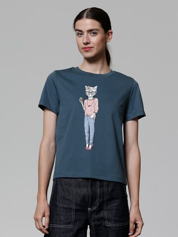Watapparel Shirt ' Hipster Cat with Moustache ' in Blue: front
