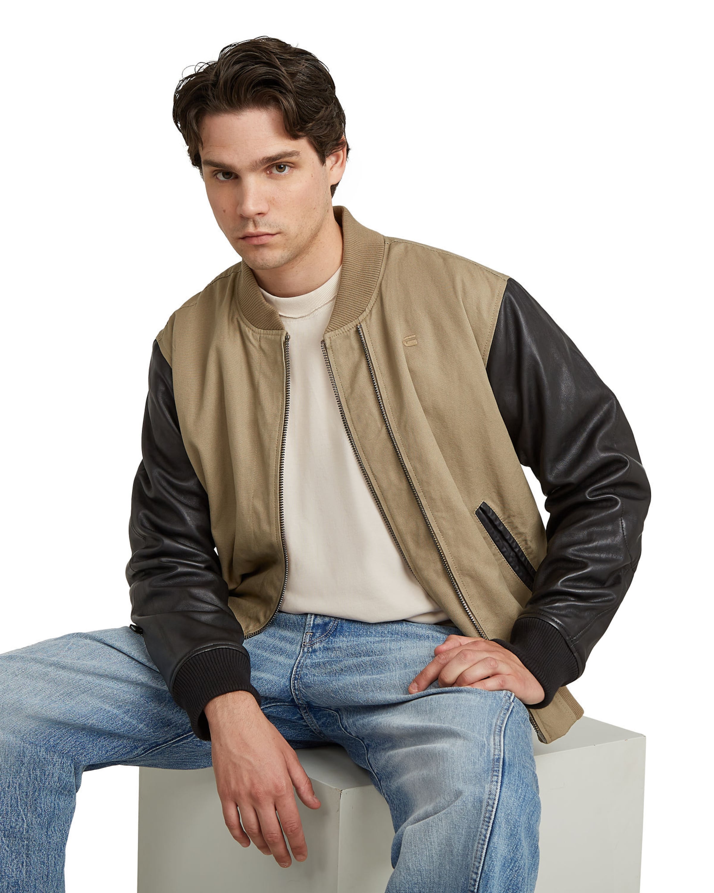 G-STAR Leather jackets- 'Varsity' Leather Bomber in Beige