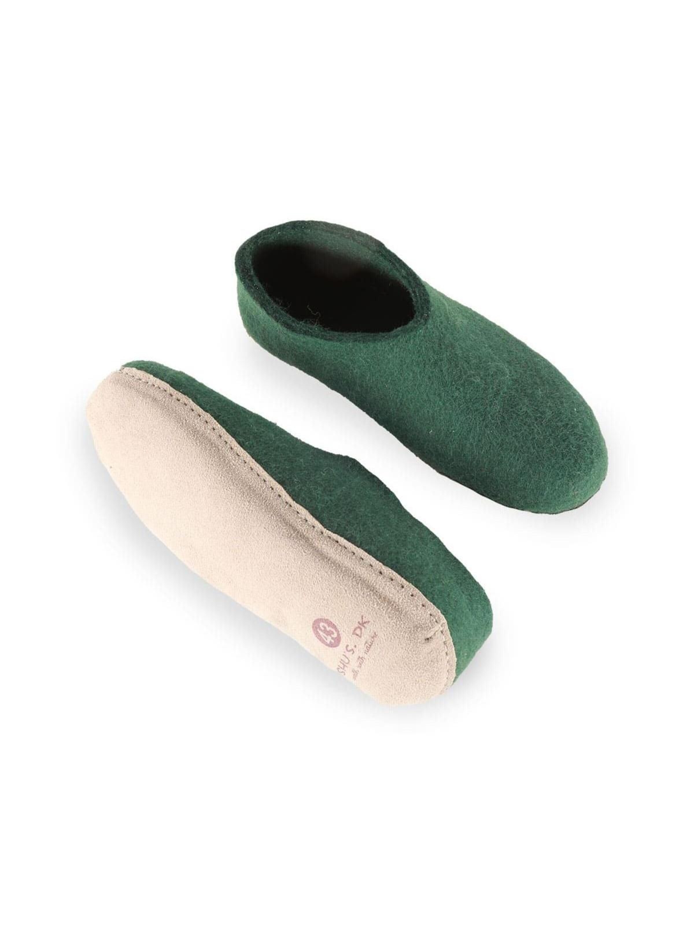 SHUS walk with nature Huisschoenen 'Uldhjemmesko (100% ren uld) - m/sål i skind - Dansk Design fra SHUS' in Groen