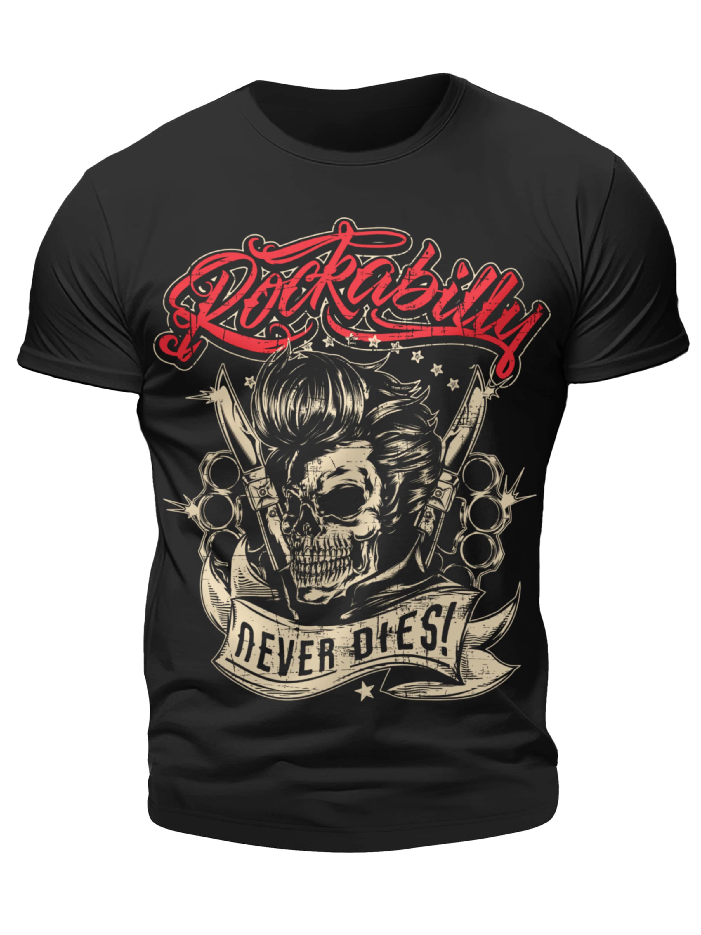 Gasoline Bandit Shirt 'Rockabilly Never Dies'‌‌‌‌‌‌‌‌‌‌ in Schwarz: Vorderseite