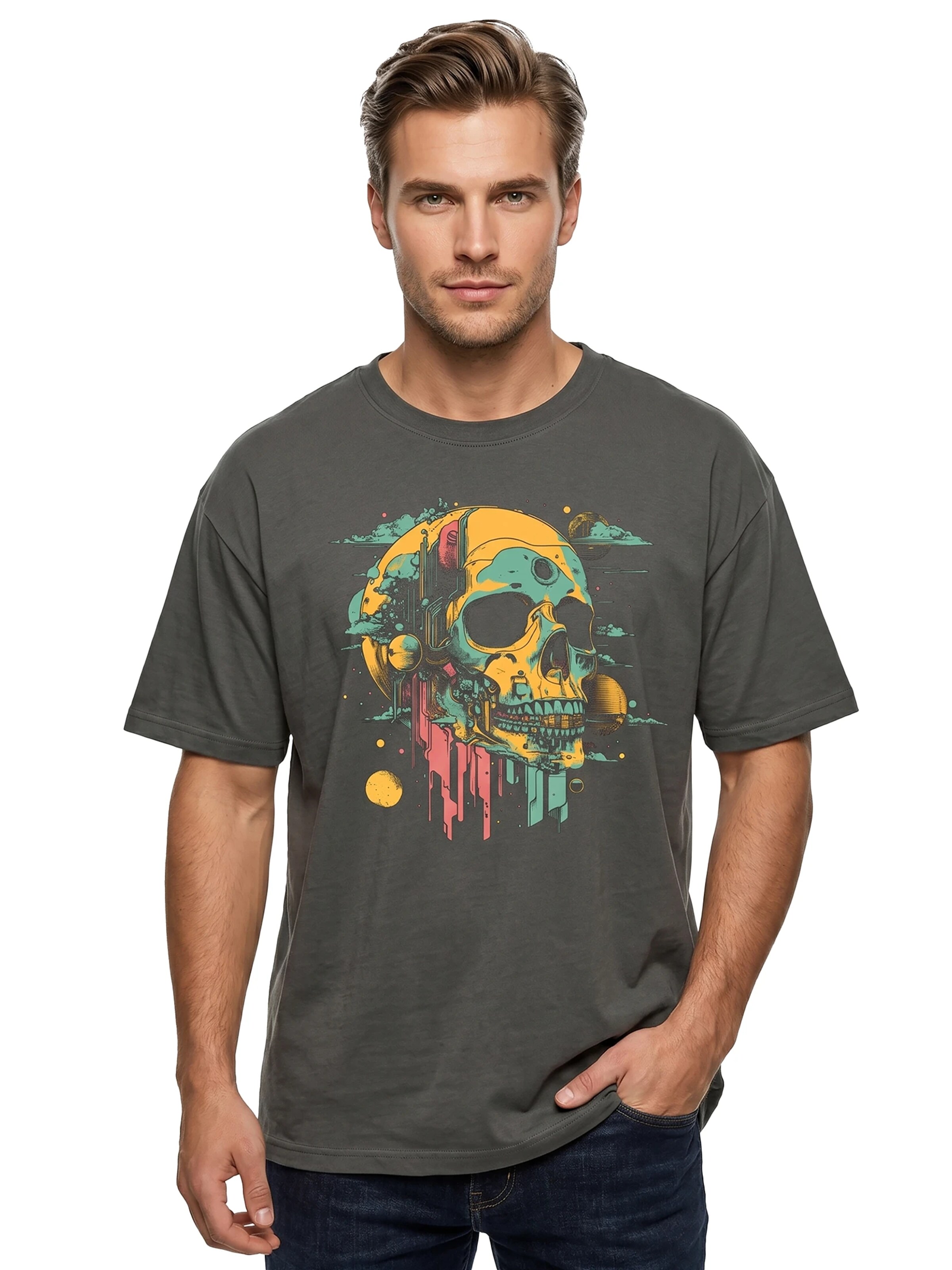 MAKAYA Shirt 'Head Shot Skull' in Grey: front