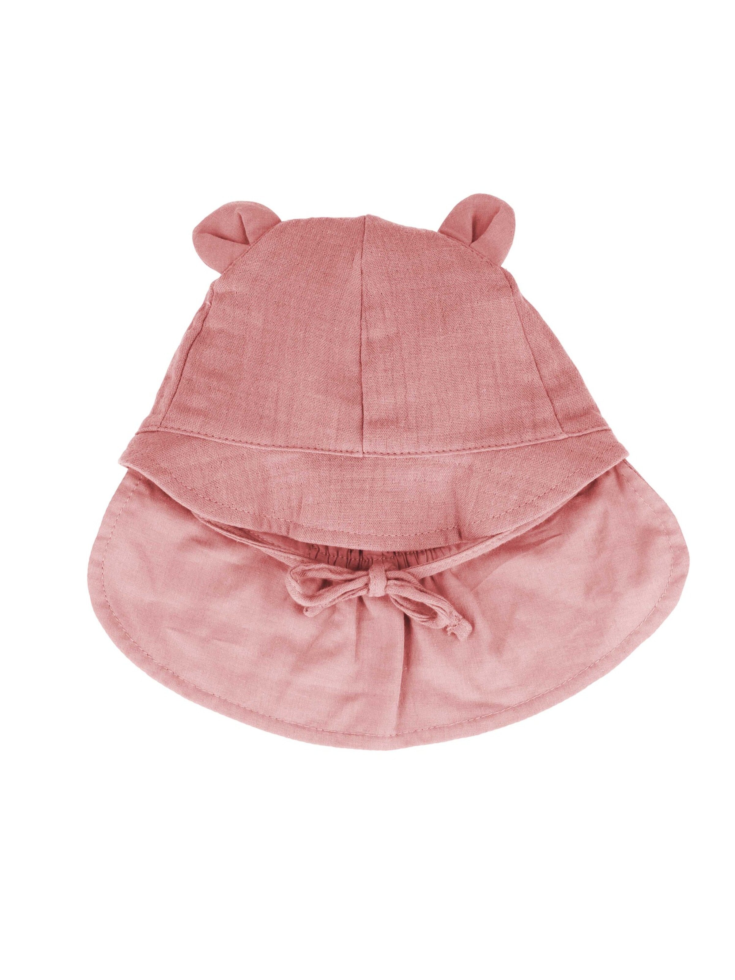 MAXIMO Beanie 'GOTS BABY-Schildmütze, Öhrchen Musselinstoff, Nackenschutz, Bindeband' in Pink: front