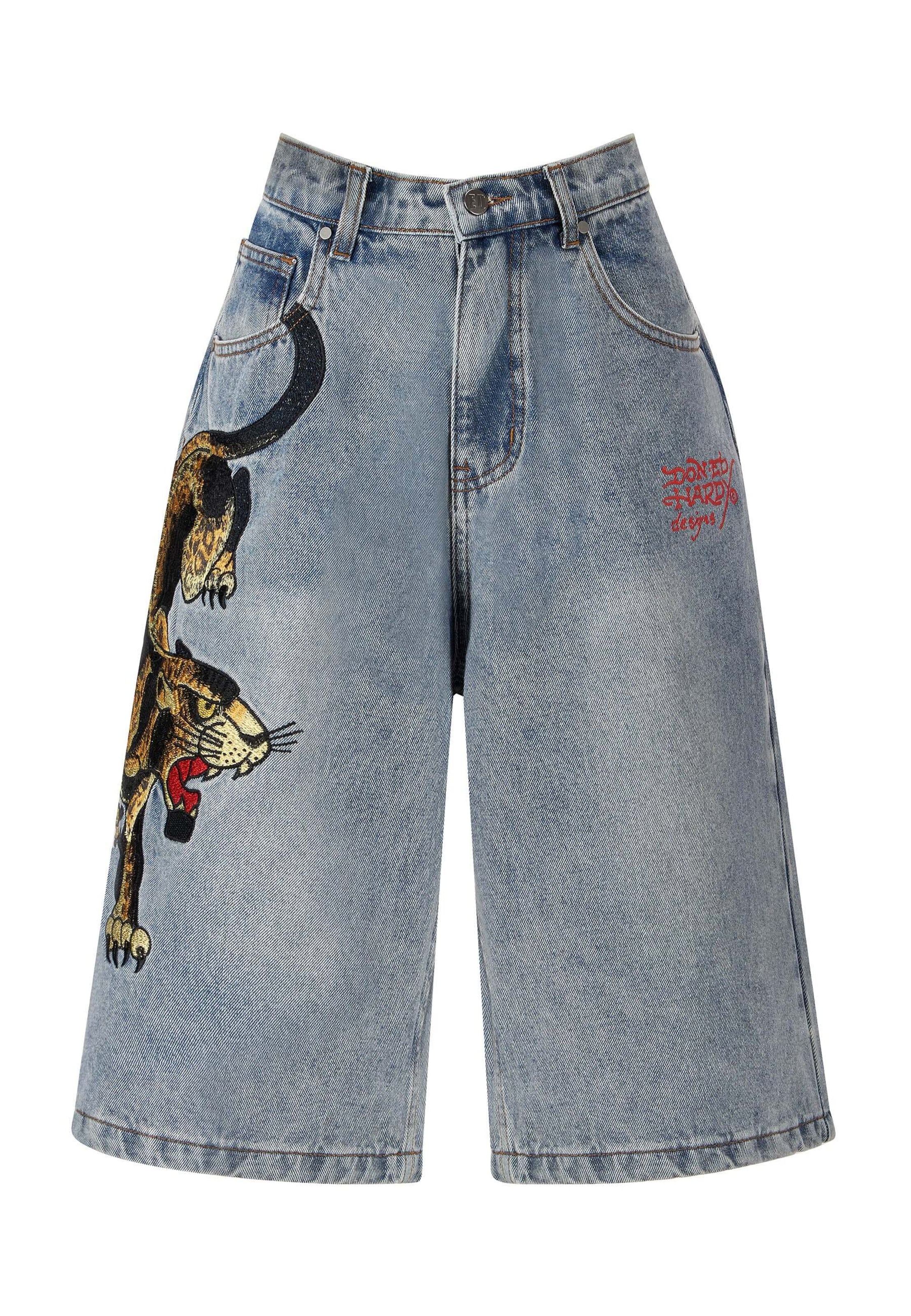 Ed Hardy Loosefit Shorts 'Panther Crawl' in Blau: Vorderseite