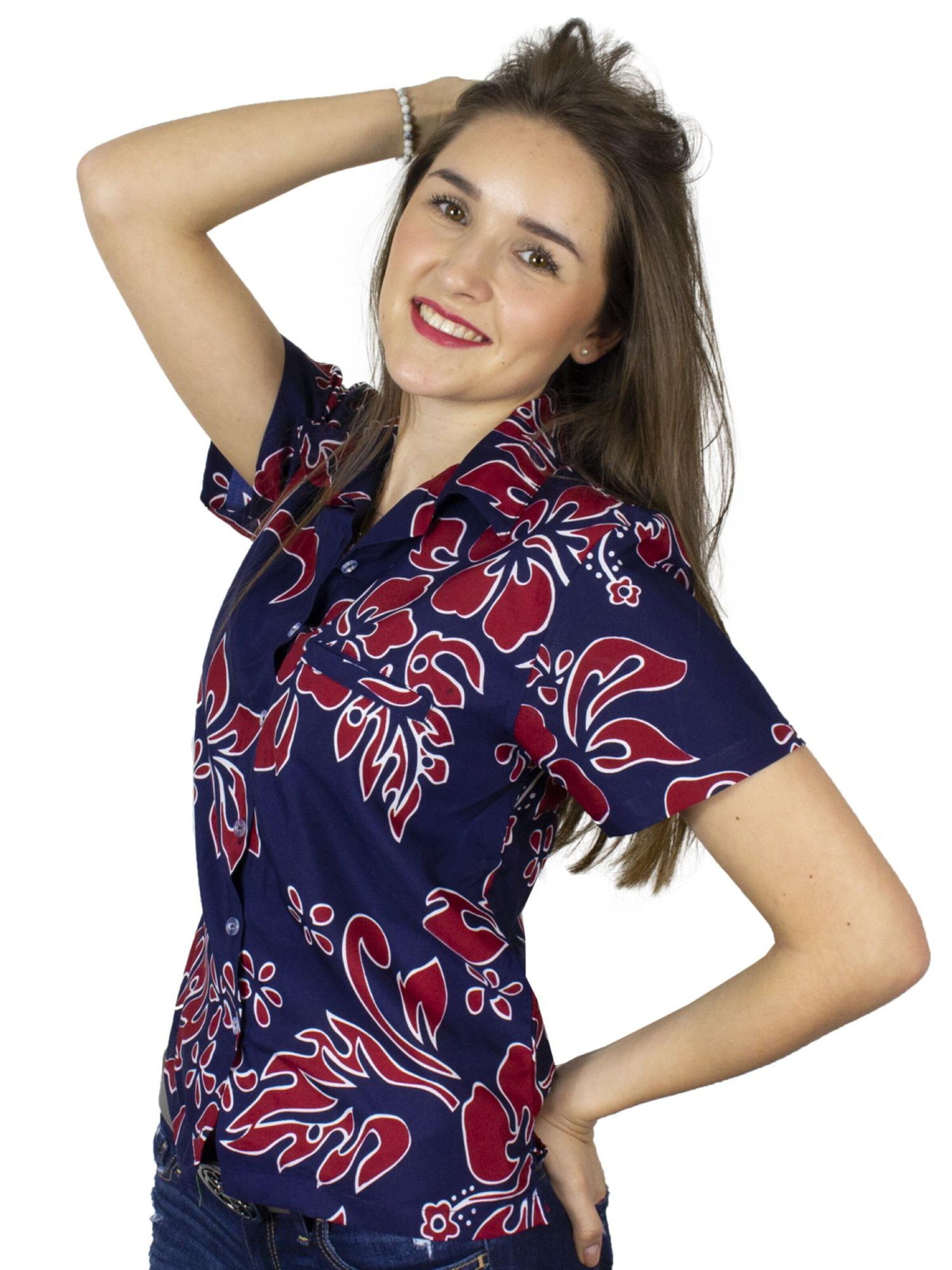 Camicia da donna 'Hibiscus Blue Line' di King Kameha in rosso