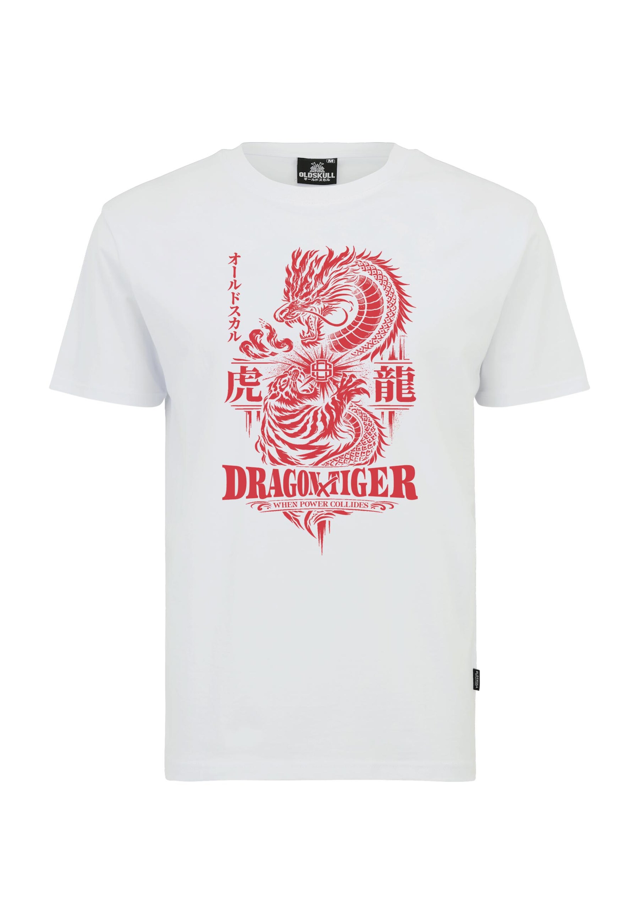 Oldskull Shirt 'Asian Dragon Tiger Clash Graphic' in Wit: voorkant