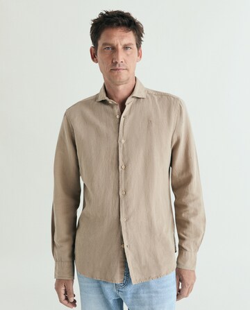 Scalpers Regular Fit Vintage Linen Shirt ' ' in Braun