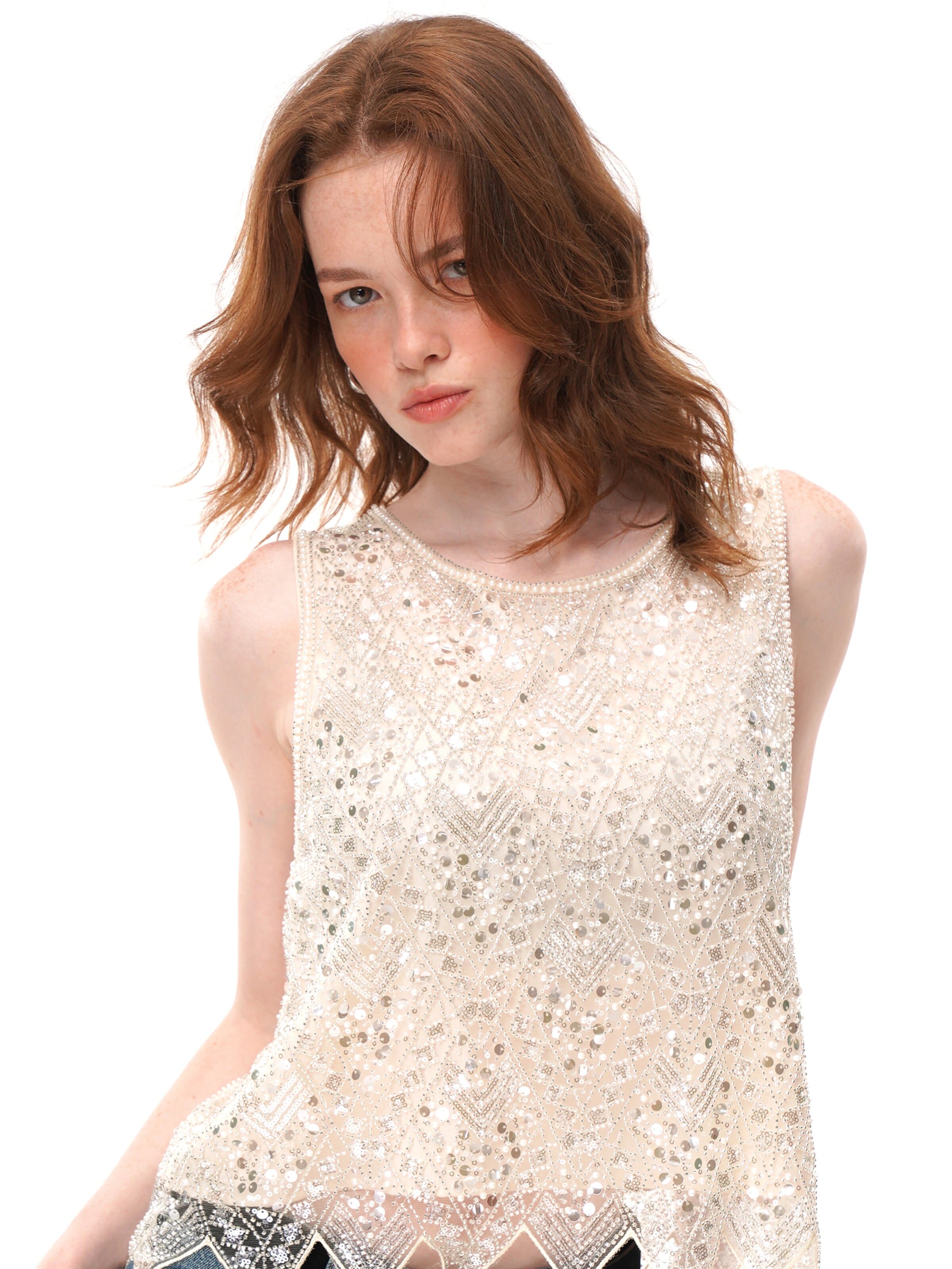 Haut 'Beaded Sequined Mesh Sleeveless Top, Irregular Pointed‑Hem Sheer Crew Neck Vest' yoligex en blanc