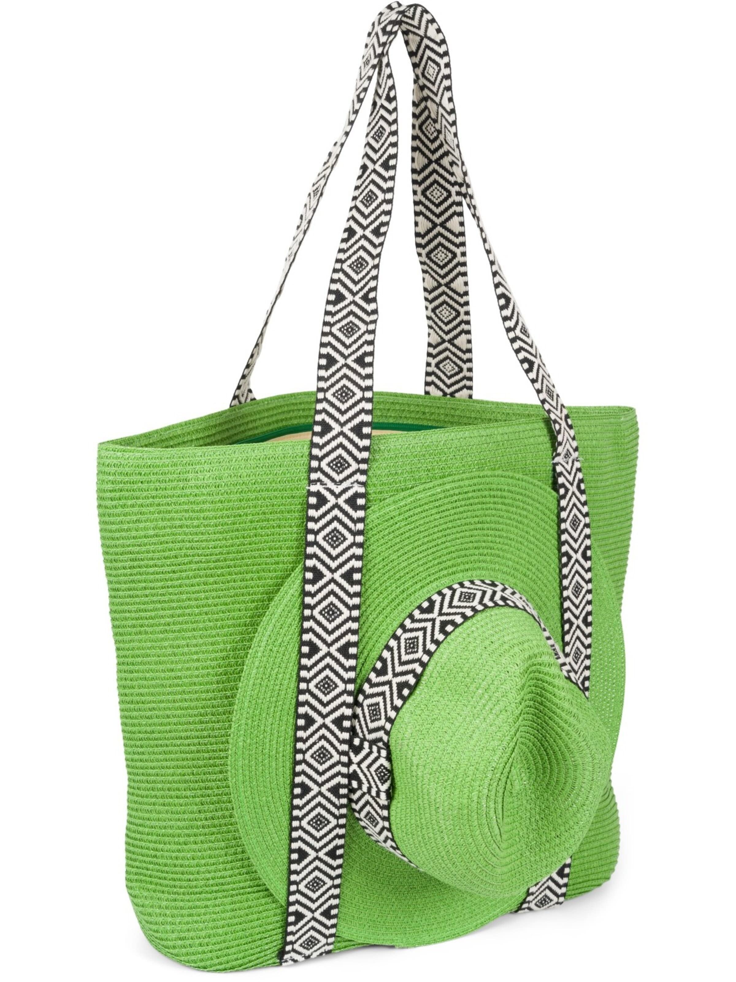 styleBREAKER Strandtasche 'Papierstroh Strandtasche Azteken Muster'‌‌‌‌‌ in Grün: Vorderseite