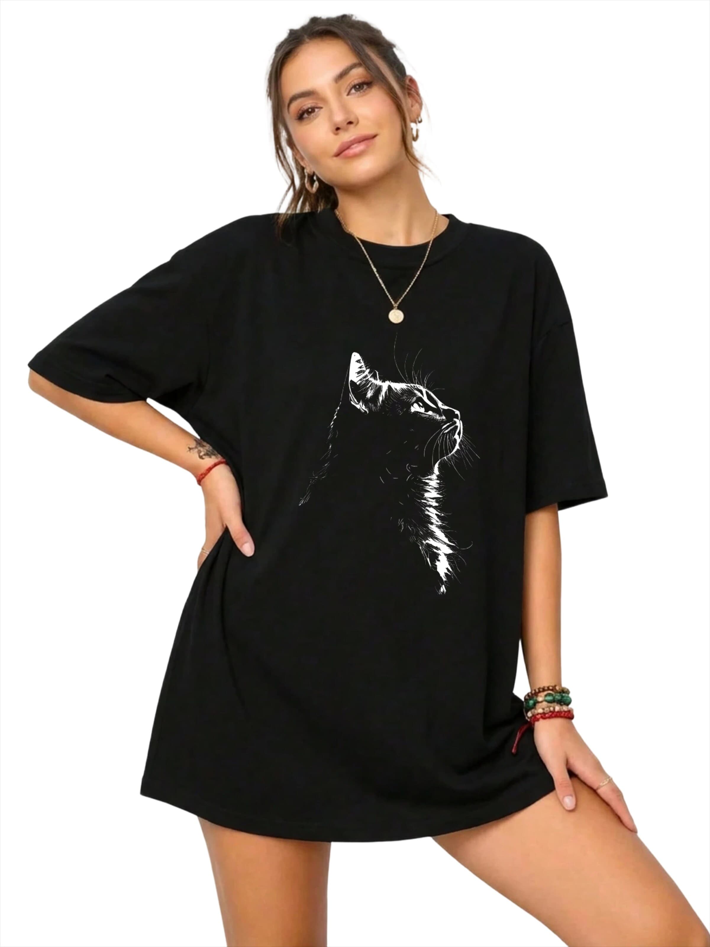 GORHEY Shirt 'Women's Summer Short-Sleeve Shirt with Cat Print Tees' in Zwart: voorkant