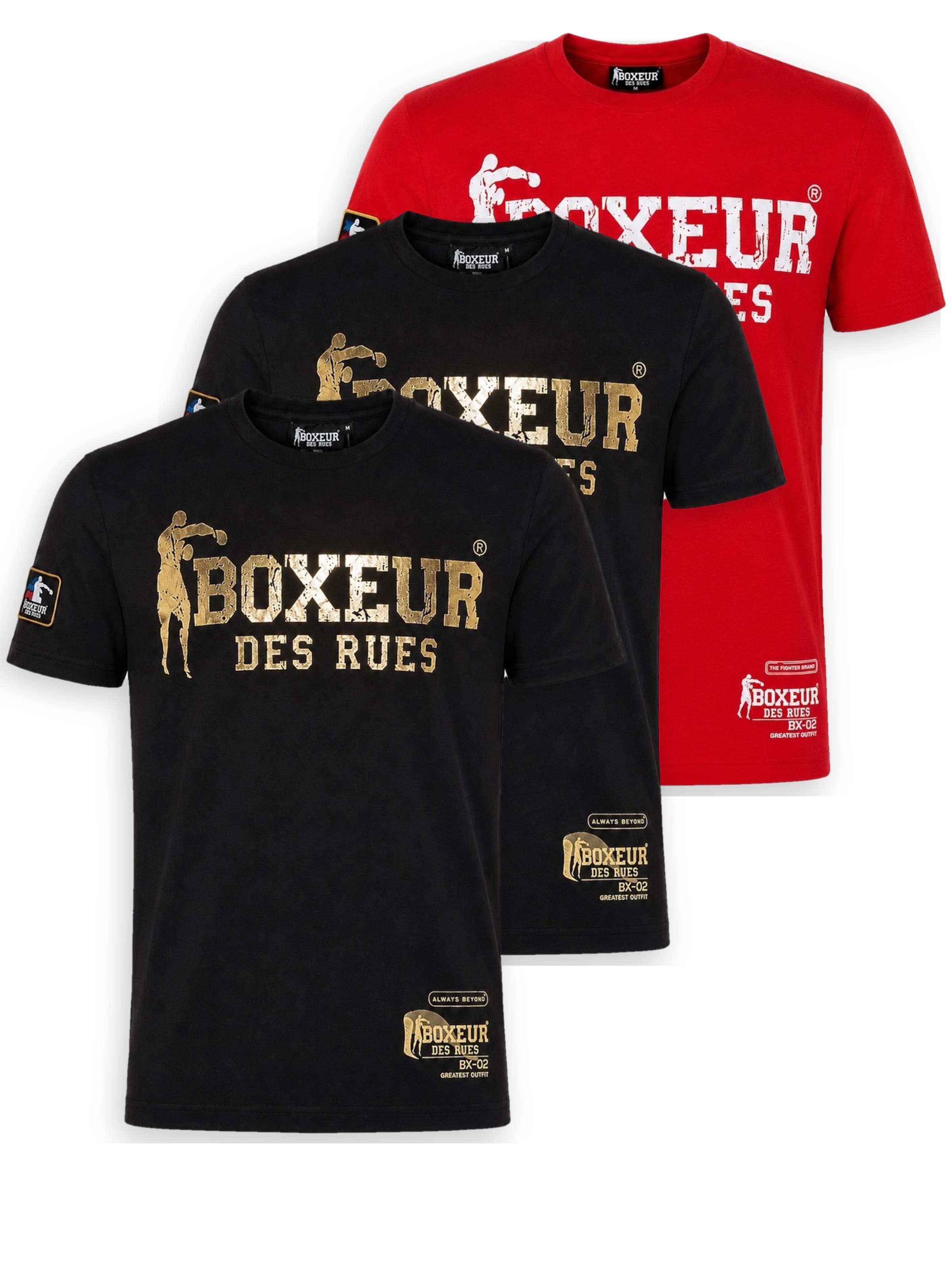 Boxeur des Rues Shirt 'Herren T-Shirt 3er-Pack Boxeur des Rues Slim Fit: 2 x Schwarz, Goldenes Logo + Rot, Weißes Logo' in Mixed colors: front