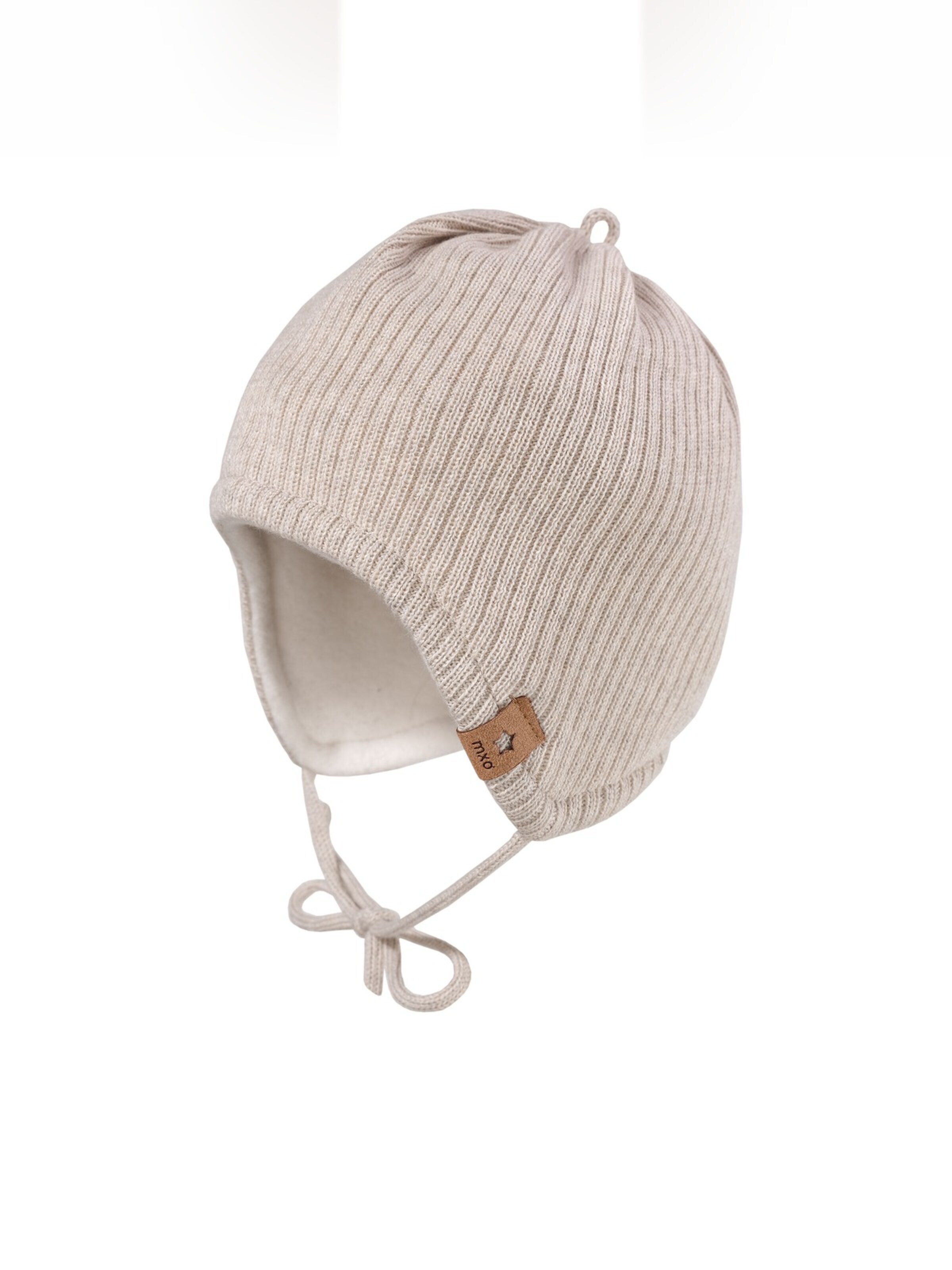 MAXIMO Mütze 'GOTS BABY-Mütze, Rippe Baumwollfleecefutter, Bindeband'‌‌‌‌‌‌‌‌‌ in Beige: Vorderseite