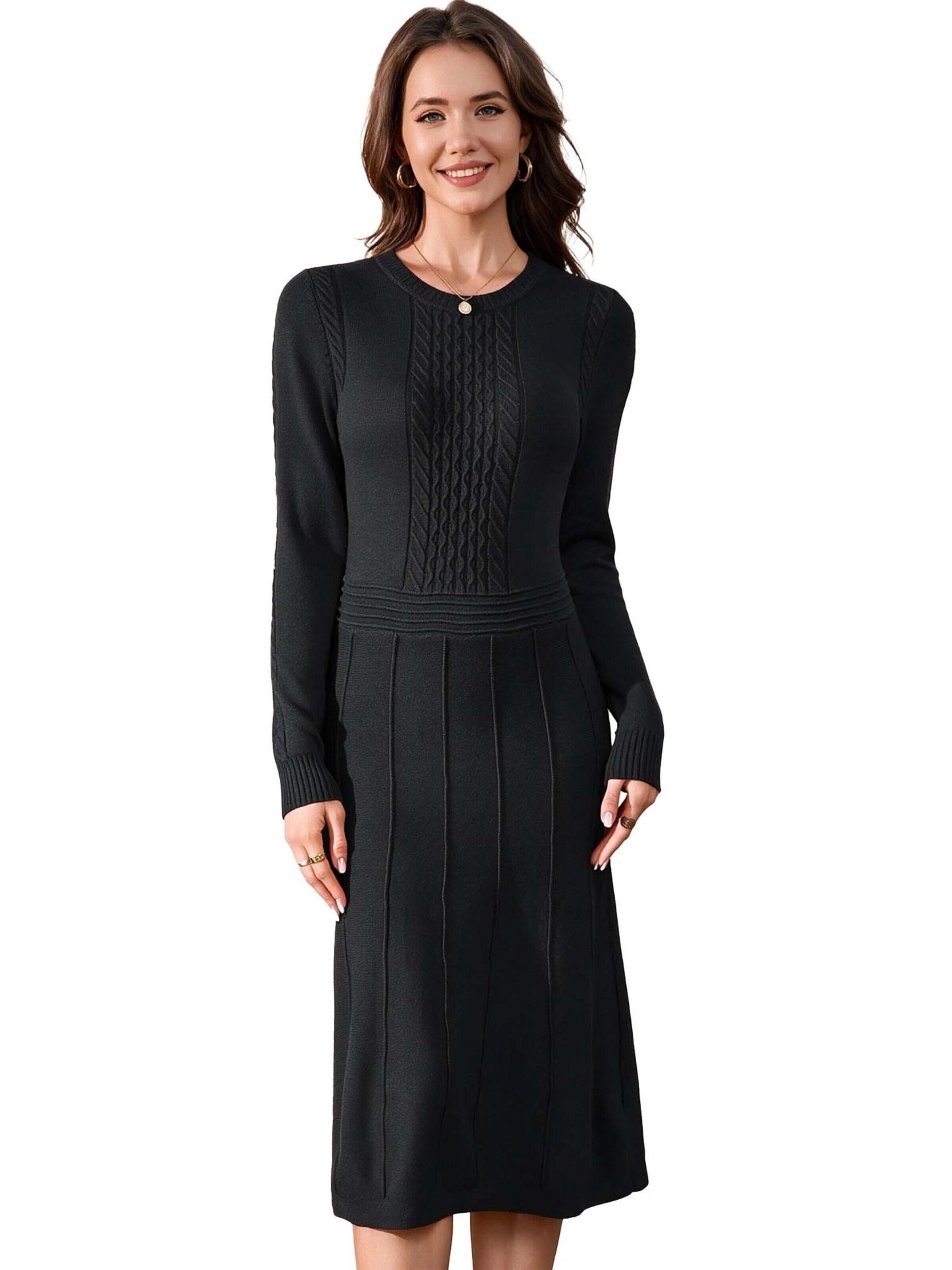 KoJooin Sukienka z dzianiny 'Damen-Rippstrickkleid in Midi-Länge mit Rundhalsausschnitt und langen Ärmeln' w kolorze czarny: przód