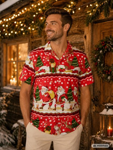 King Kameha Regular fit Button Up Shirt 'Christmas Border Print' in Red