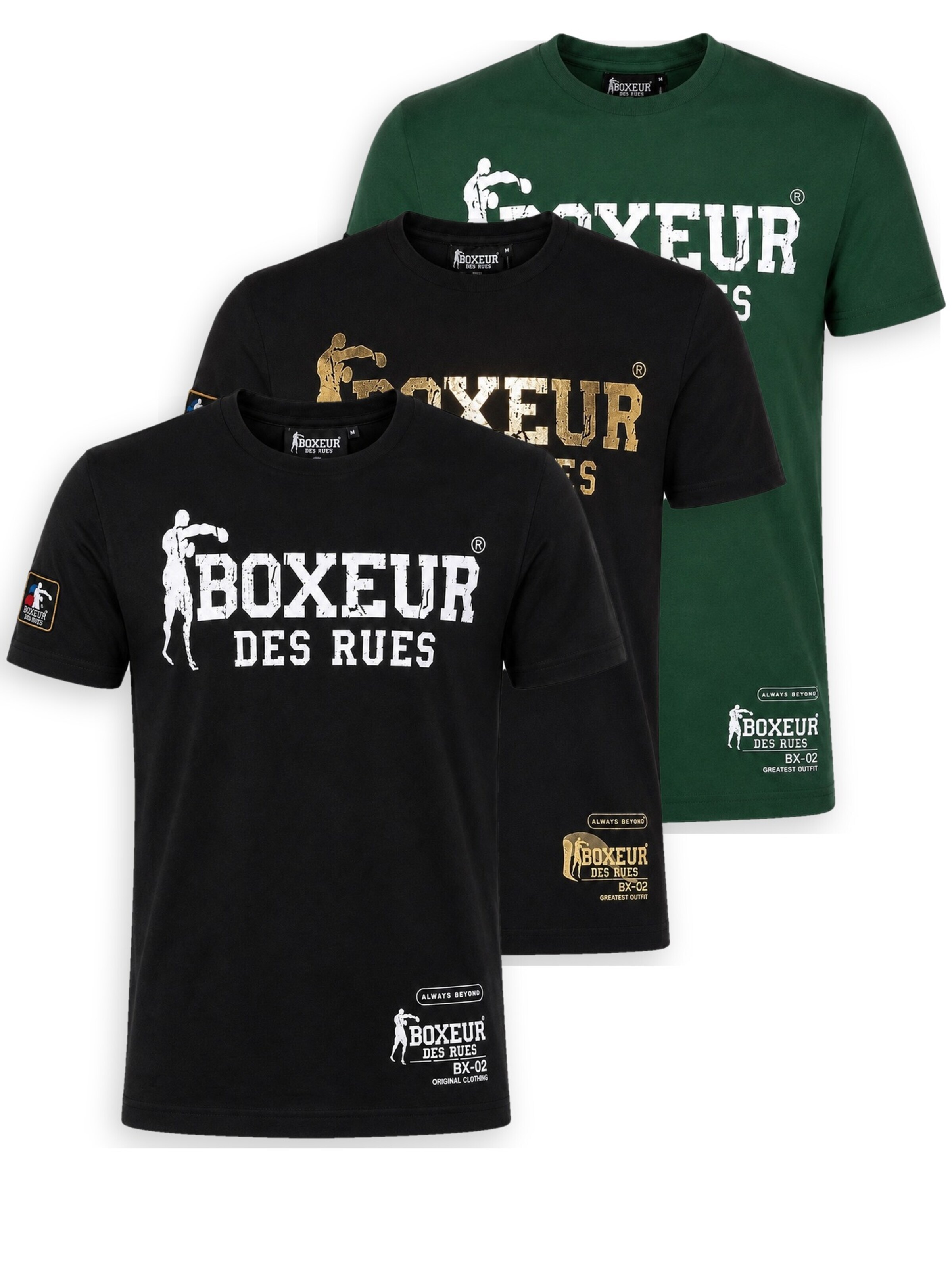 Boxeur des Rues Shirt 'Herren T-Shirt 3er-Pack Boxeur des Rues Slim Fit: Schwarz, Weißes Logo + Schwarz, Goldenes Logo + Dunkelgrün'‌‌‌ in M/Regular in mischfarben, Produktansicht