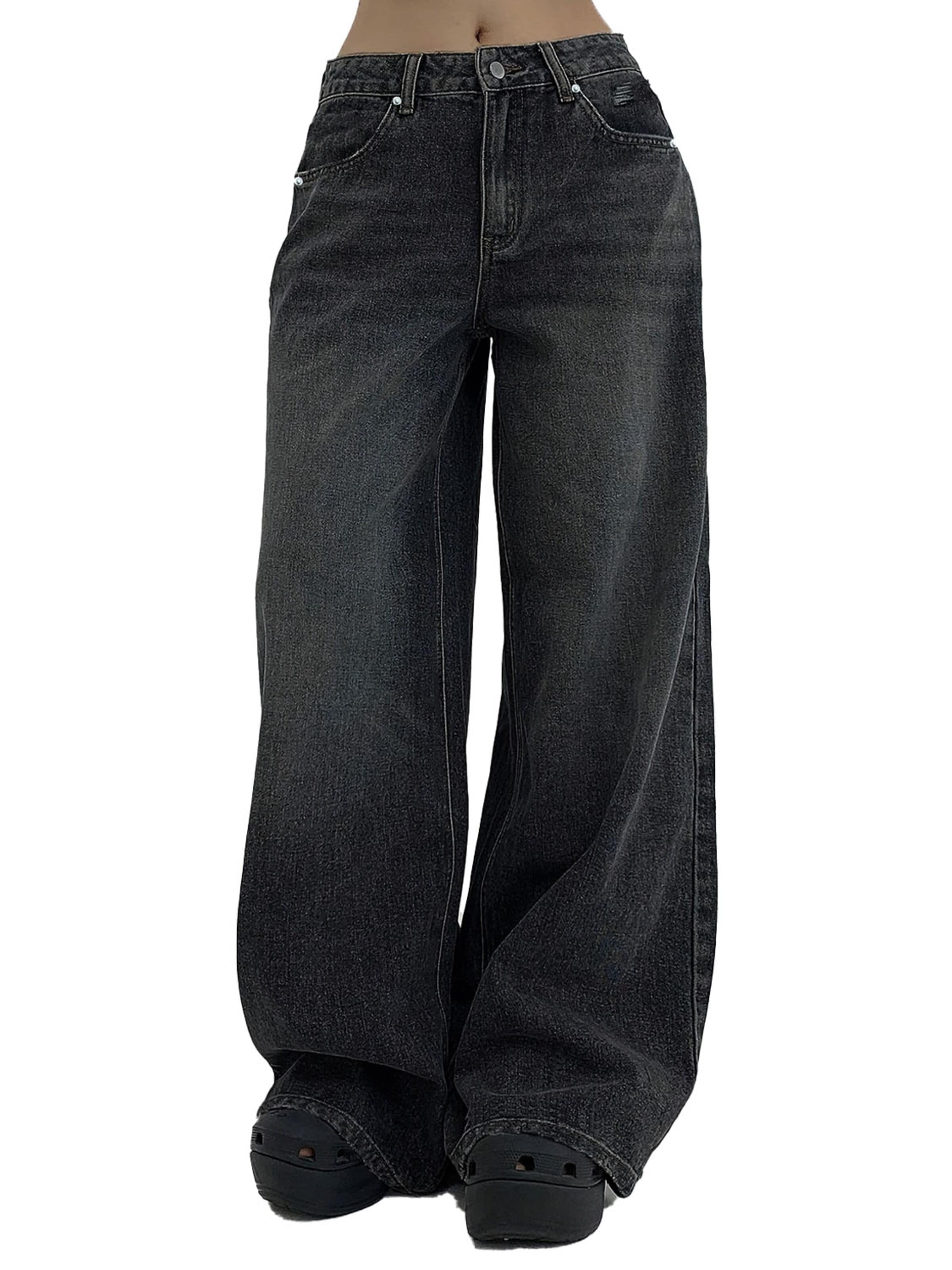 KoJooin Normalny krój Jeansy 'Damen Extraweite Jeans Mit Langem Bein Lockerer Passform Und Used-Details' w kolorze czarny: przód